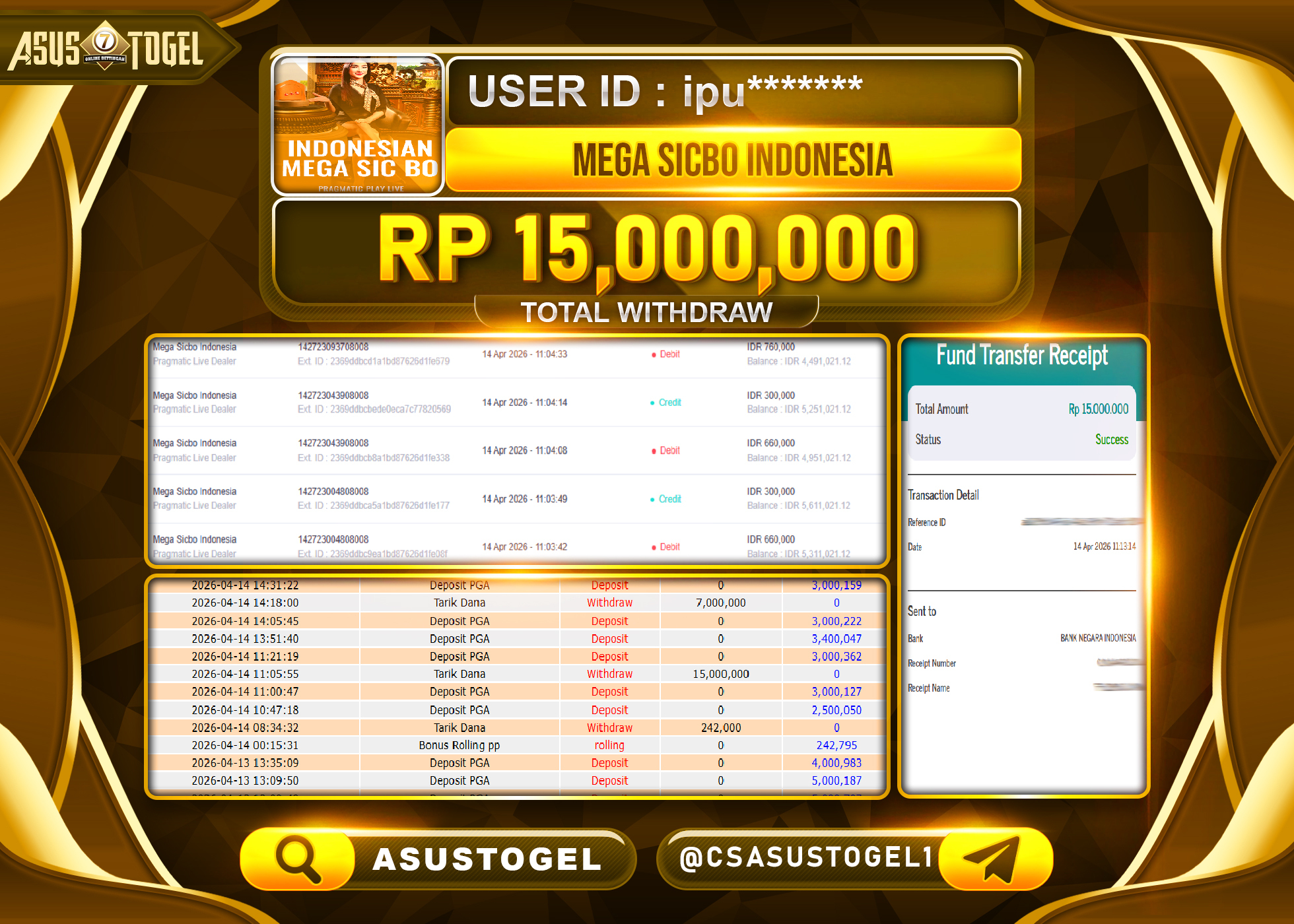 ASUSTOGEL KEMENANGAN JACKPOT DI PERMAINAN MEGA SICBO INDONESIA SEBESAR Rp.15,000,000 - RUPIAH LUNAS