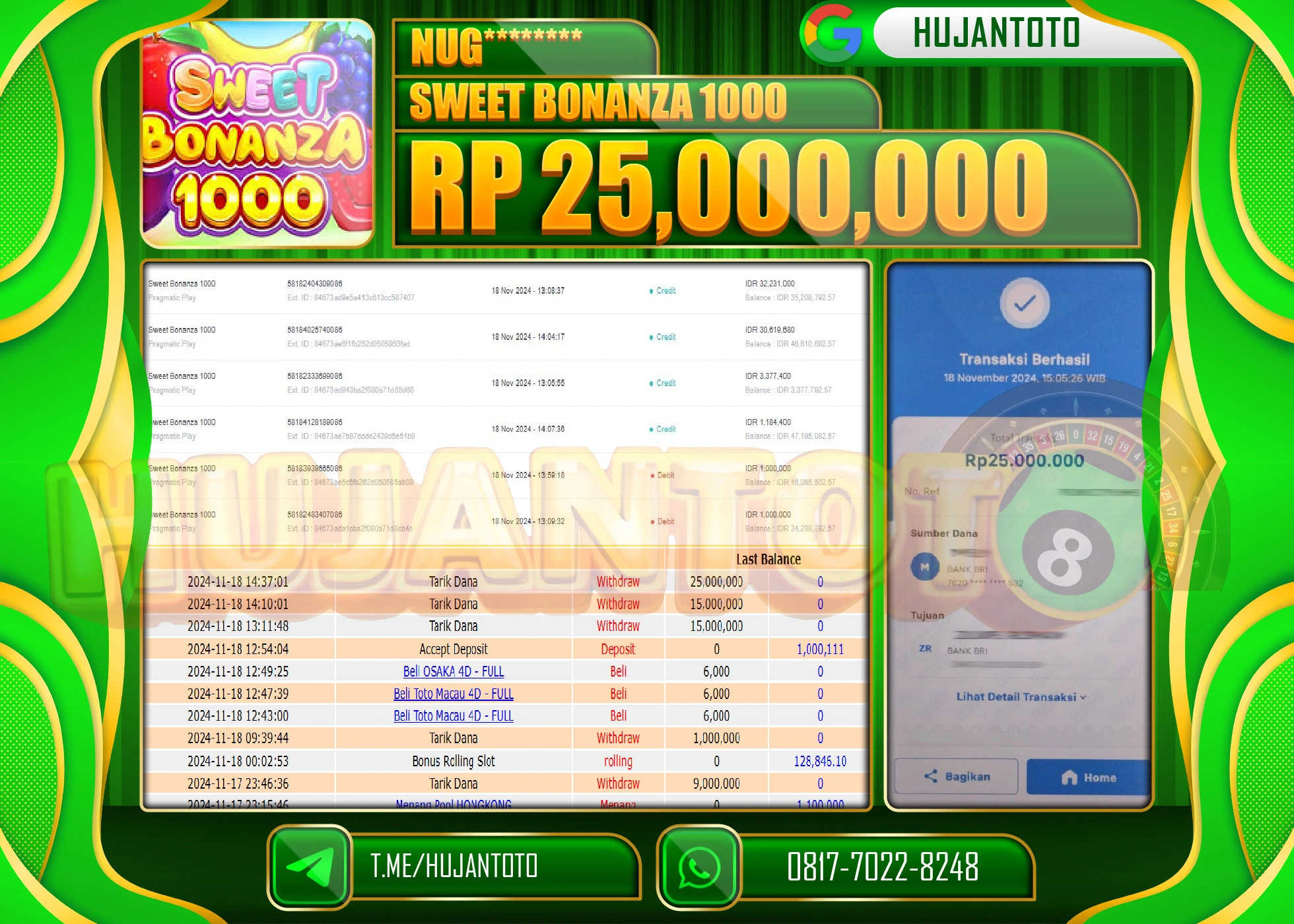 HUJANTOTO MENANG DI RAIH DI  SLOT SWEET BONANZA 1000 SEBESAR - 25,000,000 - LUNAS