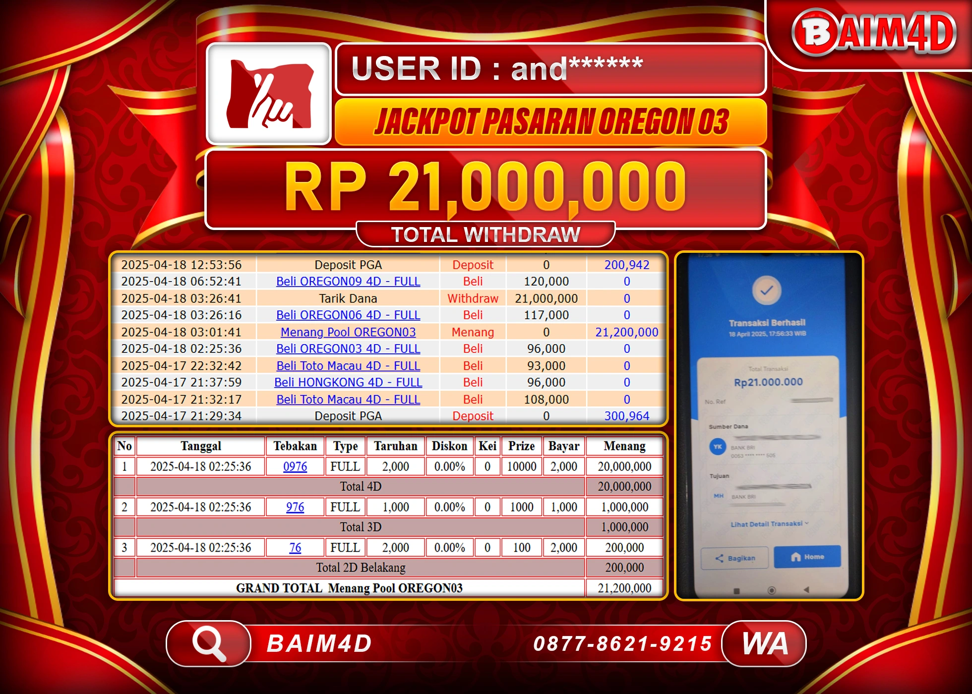 BAIM4D MENANG JACKPOT TOGEL OREGON 3 Rp.21.000,000.- LUNAS