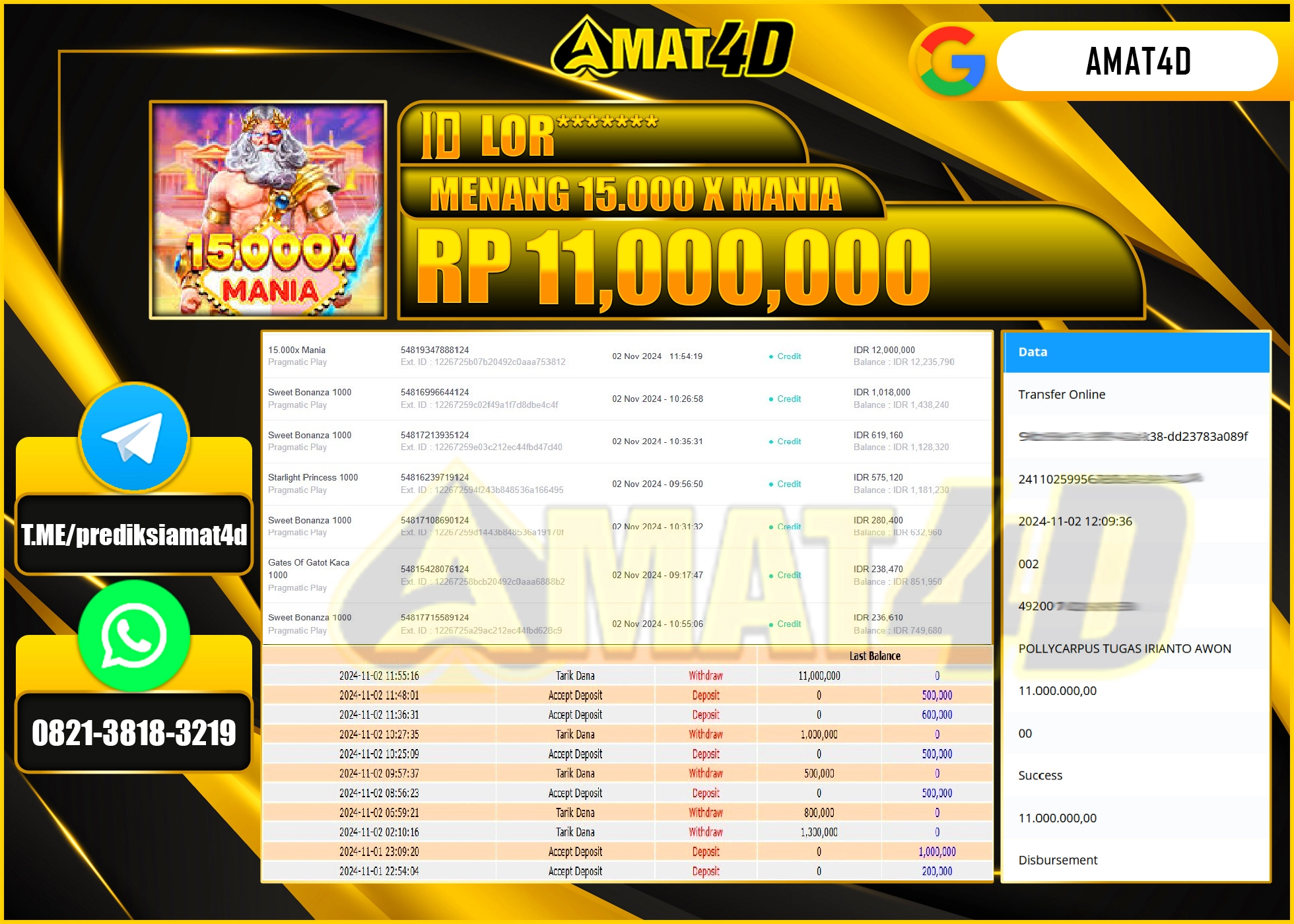 AMAT4D JACKPOT SLOT GAMES 15.000 X MANIA Rp.11.000.000 BERHASIL DI BAYAR LUNAS