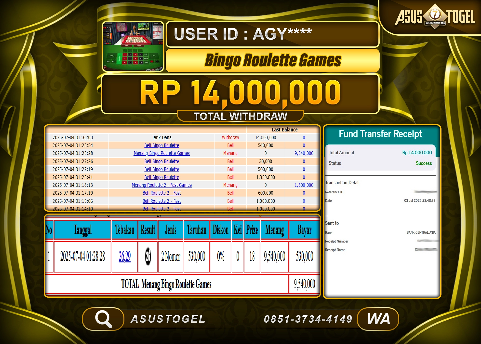ASUSTOGEL KEMENANGAN DI LIVE BINGO ROULETTE SEBESAR 14,000,000- RUPIAH LUNAS