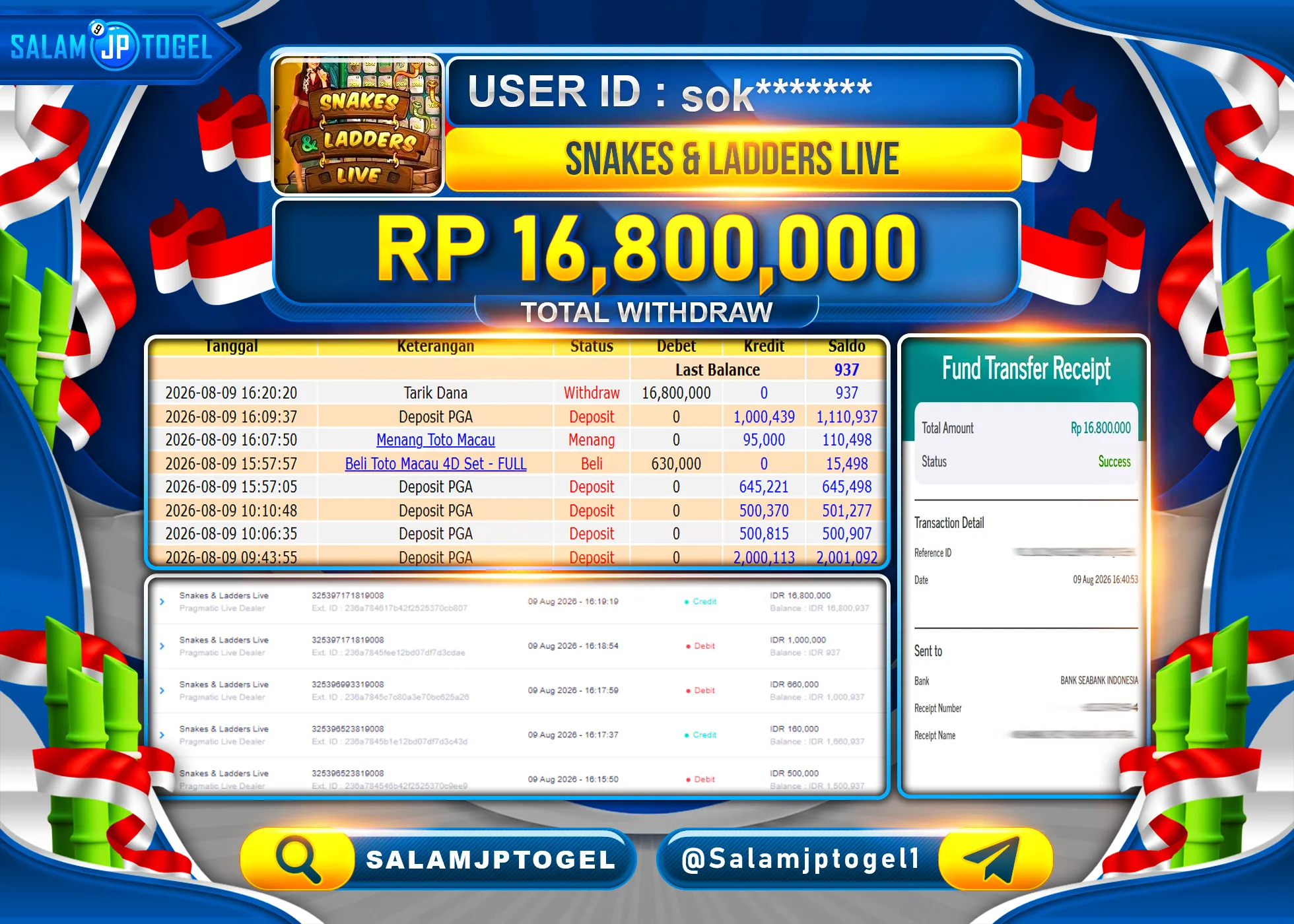 SALAMJPTOGEL JACKPOT MENANG SNAKES AND LADDERS LIVE  Rp.16,800,000 - LUNAS