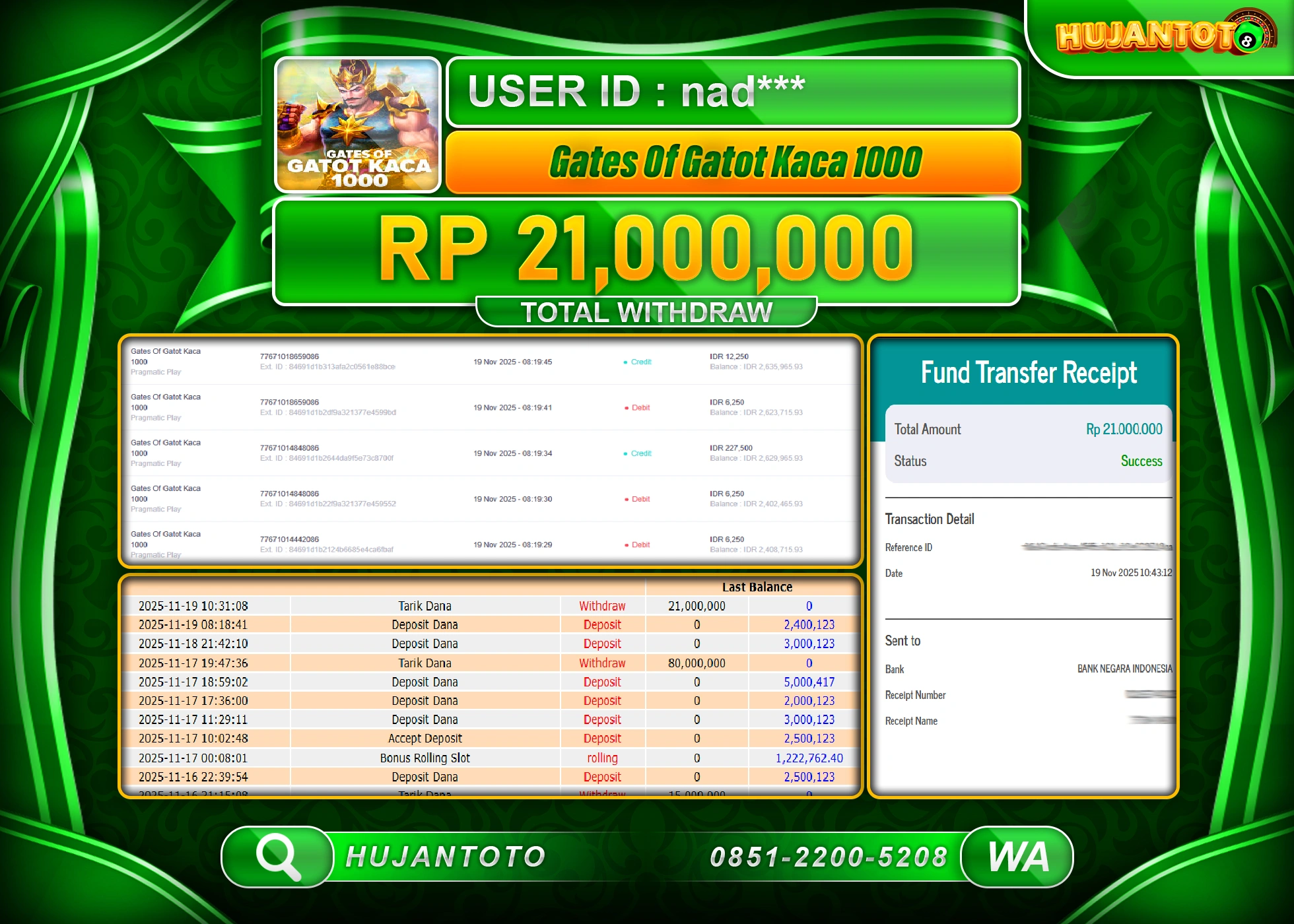 HUJANTOTO - BUKTI JACKPOT MENANG SLOT GATES OF GATOT KACA 1000 Rp.21,000,000 - TERBAYAR LUNAS