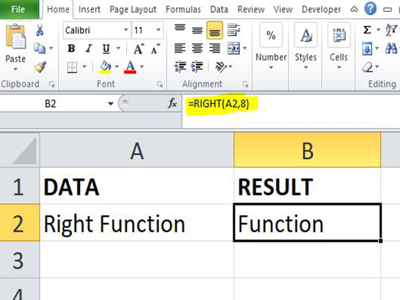 Screenshot of the Excel RIGHT function getting substring