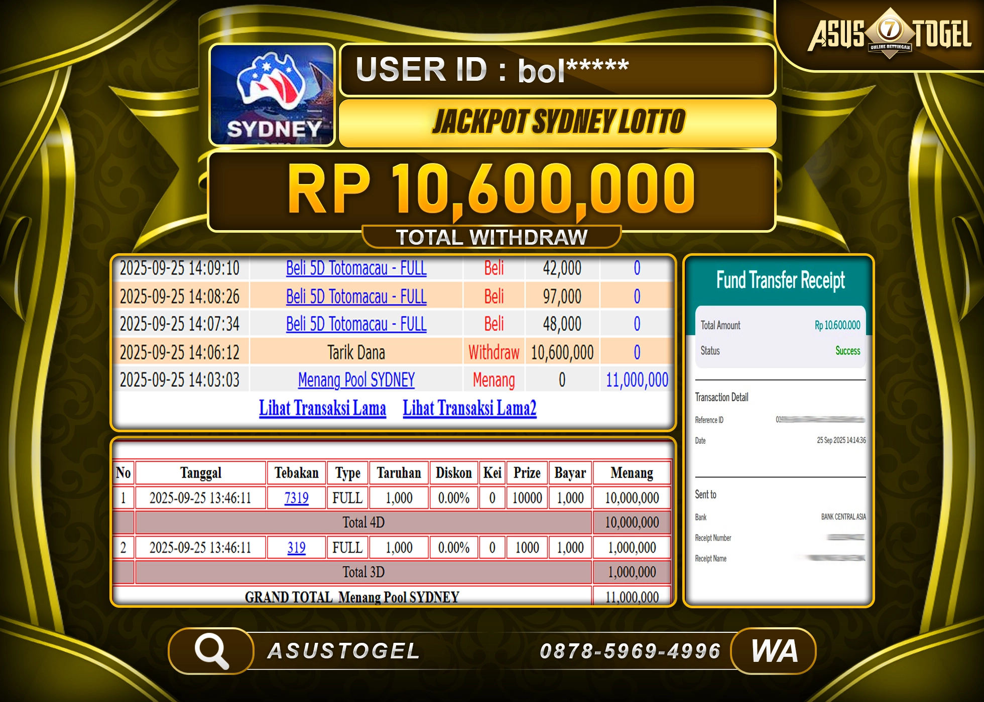 ASUSTOGEL KEMENANGAN DI TOGEL SYDNEY LOTTO SEBESAR 10,600,000- RUPIAH LUNAS