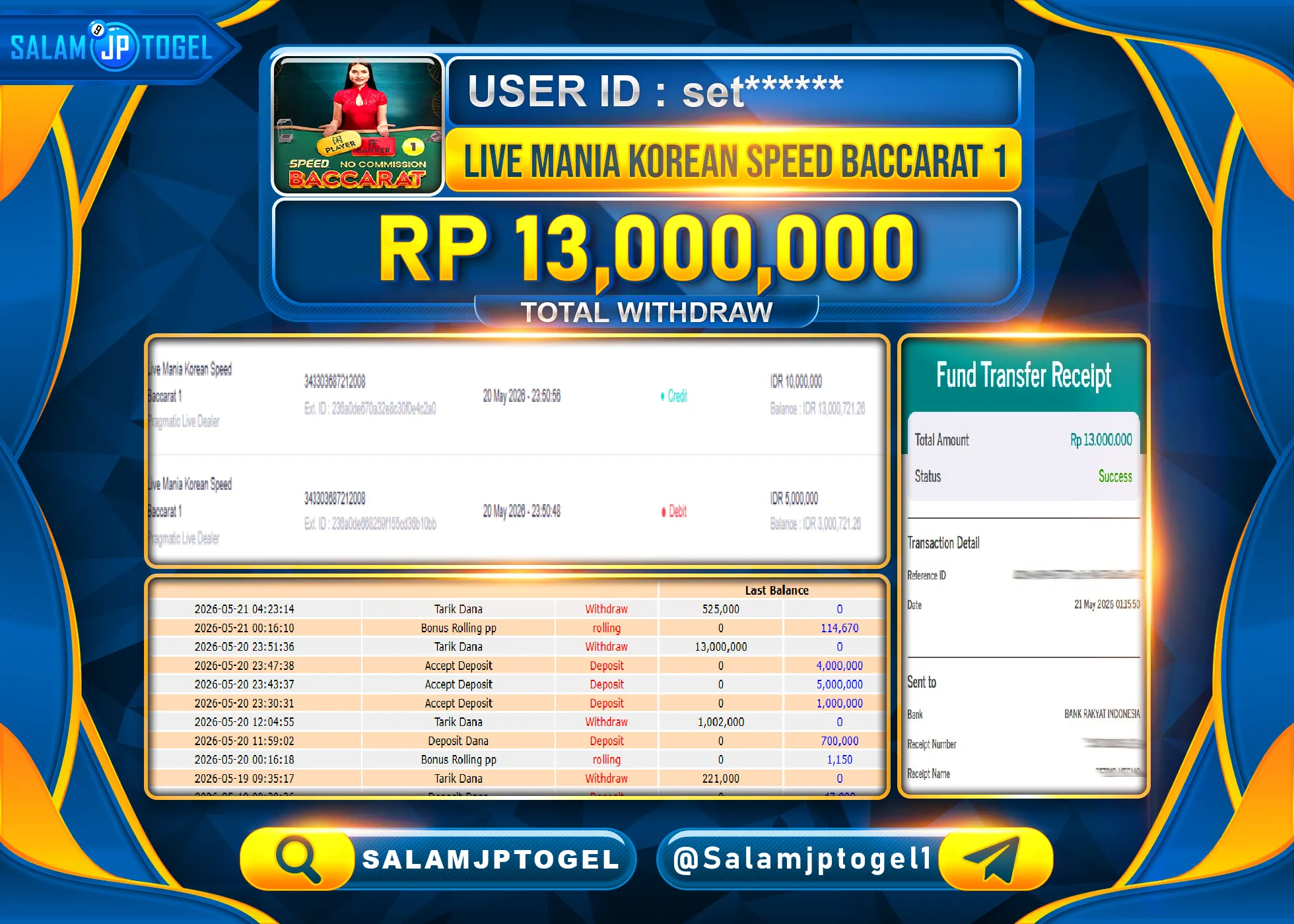 SALAMJPTOGEL Live JACKPOT Mania Korean Speed Baccarat 1 Rp.13,000,000 - LUNAS
