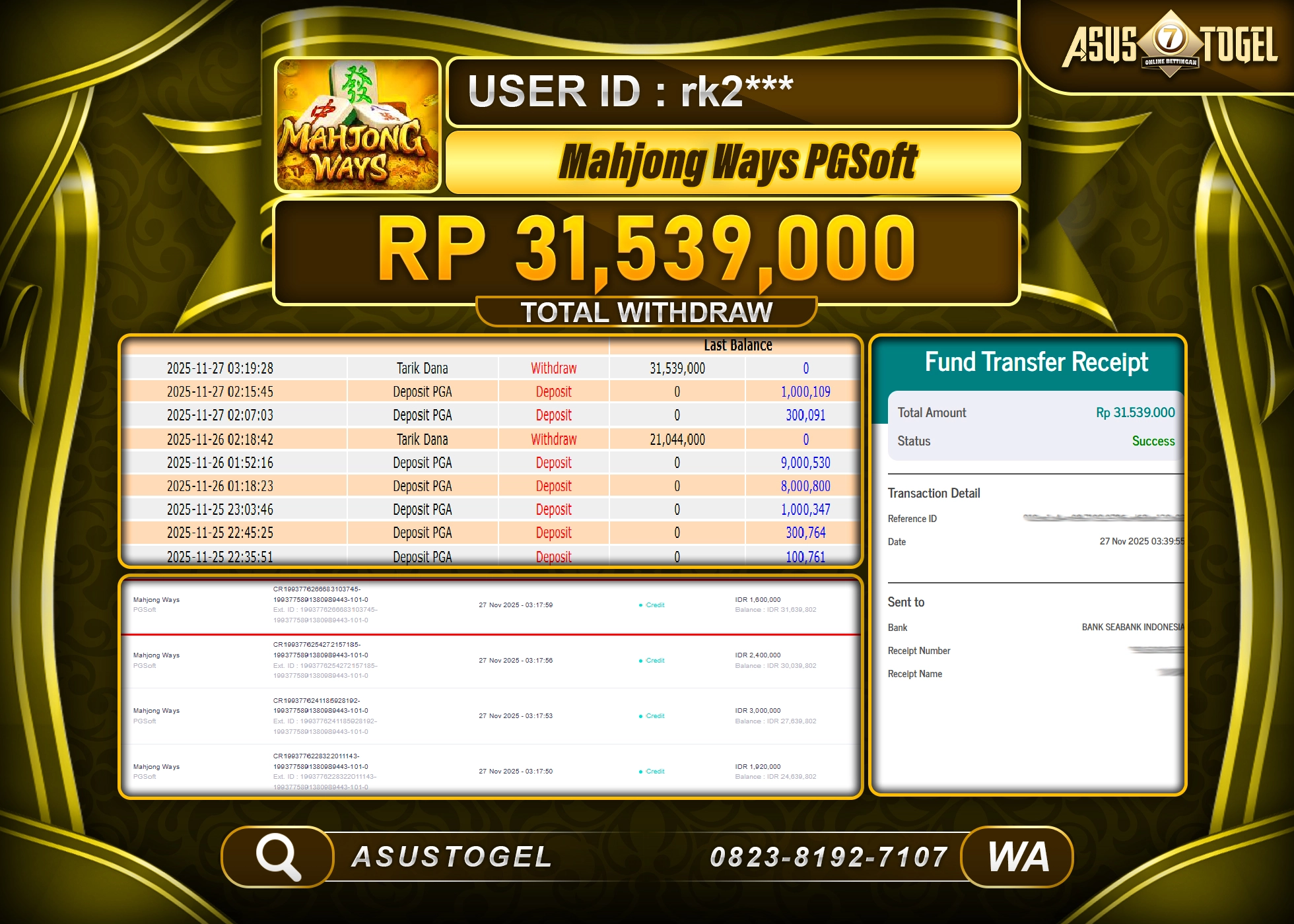 ASUSTOGEL KEMENANGAN DI SLOT MAHJONG WAYS SEBESAR 31,539,000 - RUPIAH LUNAS