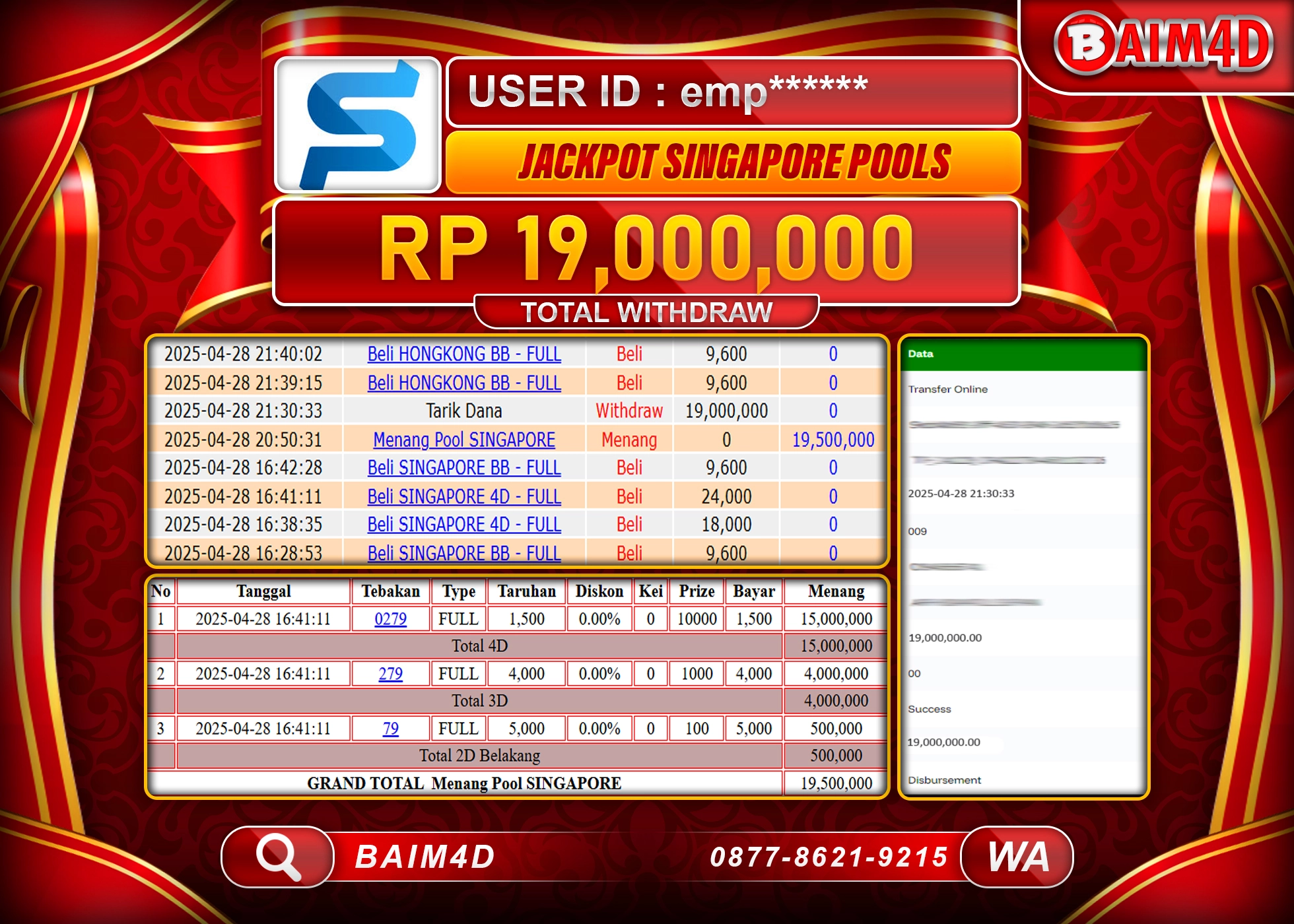 BAIM4D JACKPOT  Menang Pool SINGAPORE Rp.19.000,000.- LUNAS