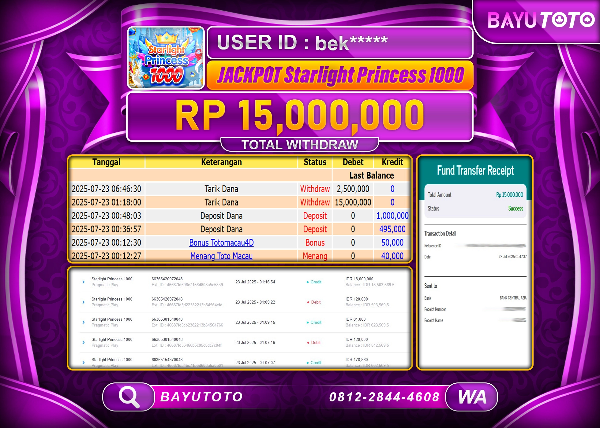 BAYUTOTO JACKPOT STARLIGHT PRINCESS 1000 Rp.15,000,000 LUNAS
