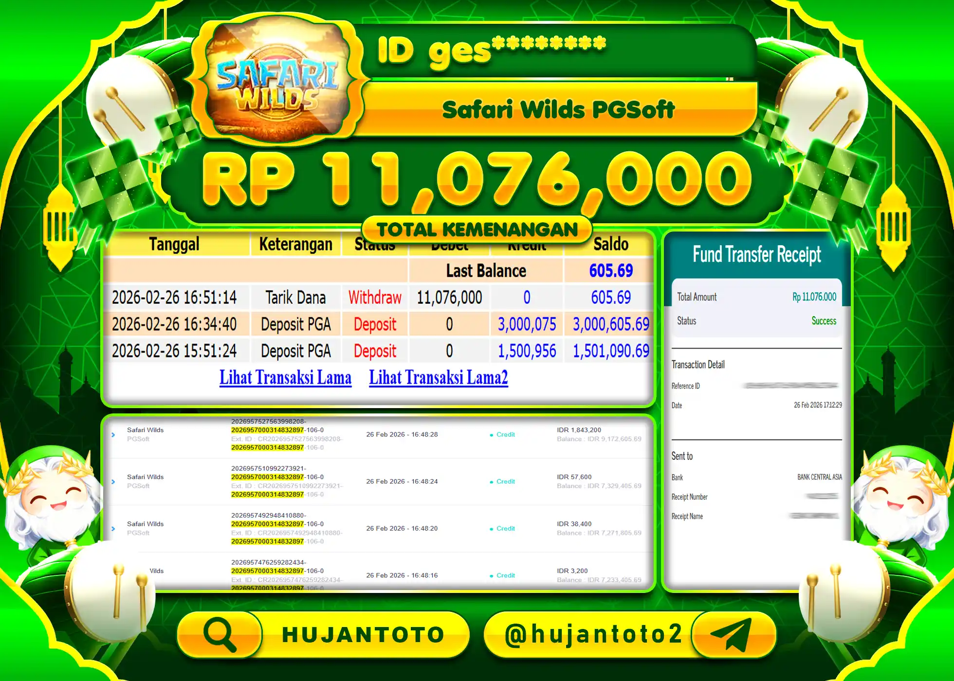 HUJANTOTO - BUKTI JACKPOT MENANG SLOT SAFARI WILDS PGSOFT Rp.11,076,000 - TERBAYAR LUNAS