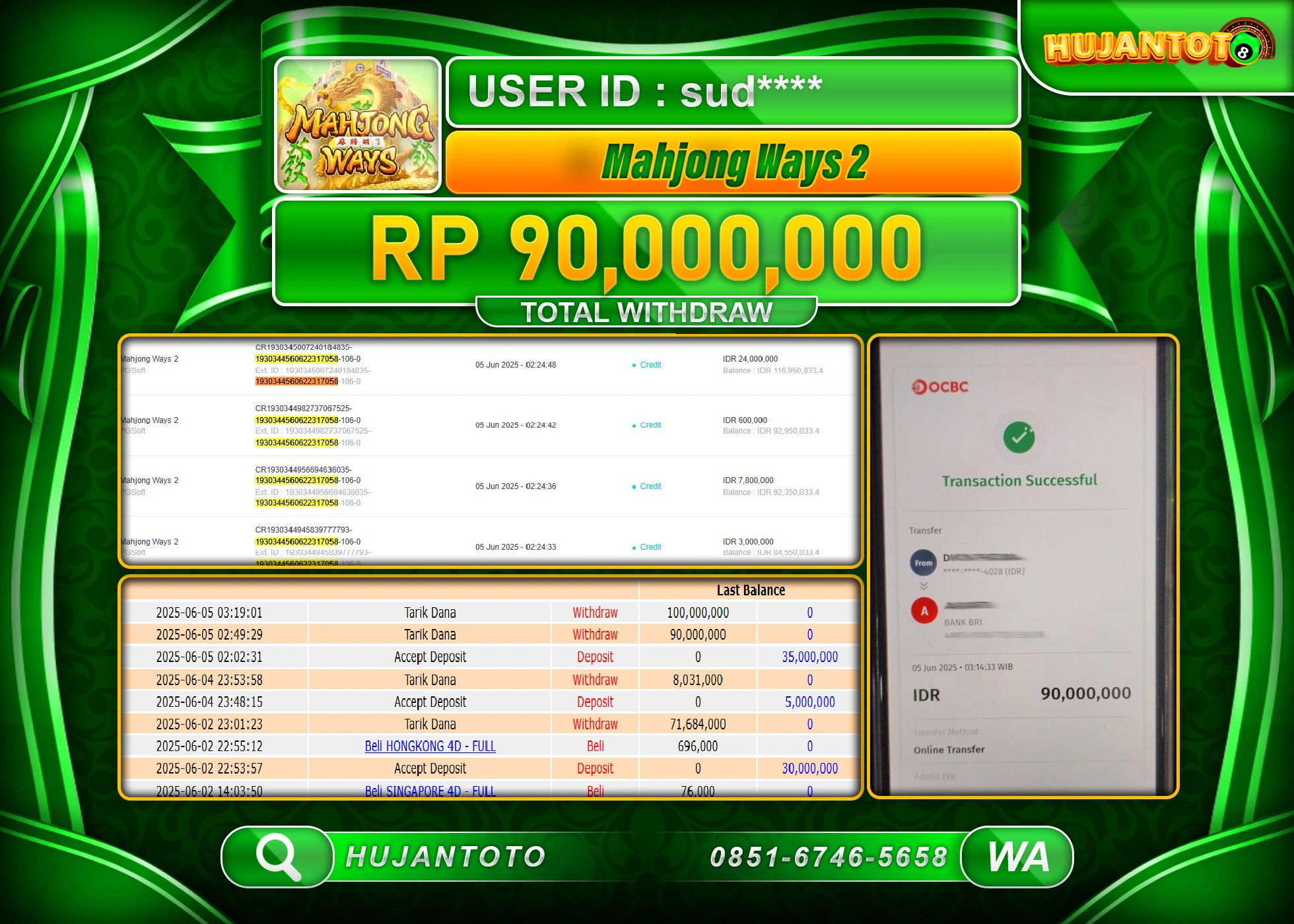 HUJANTOTO - BUKTI JACKPOT MENANG SLOT MAHJONG WAYS 2 Rp.90,000,000 - TERBAYAR LUNAS