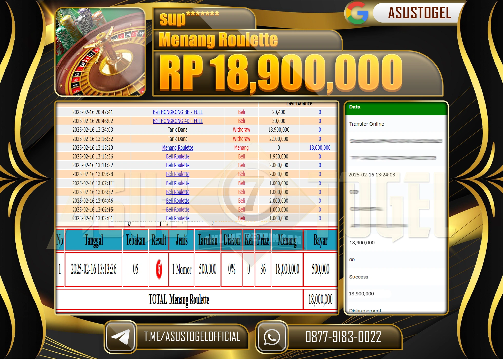 ASUSTOGEL KEMENANGAN DI SLOT ROULETTE GAMES  SEBESAR 18.900.000 - RUPIAH LUNAS