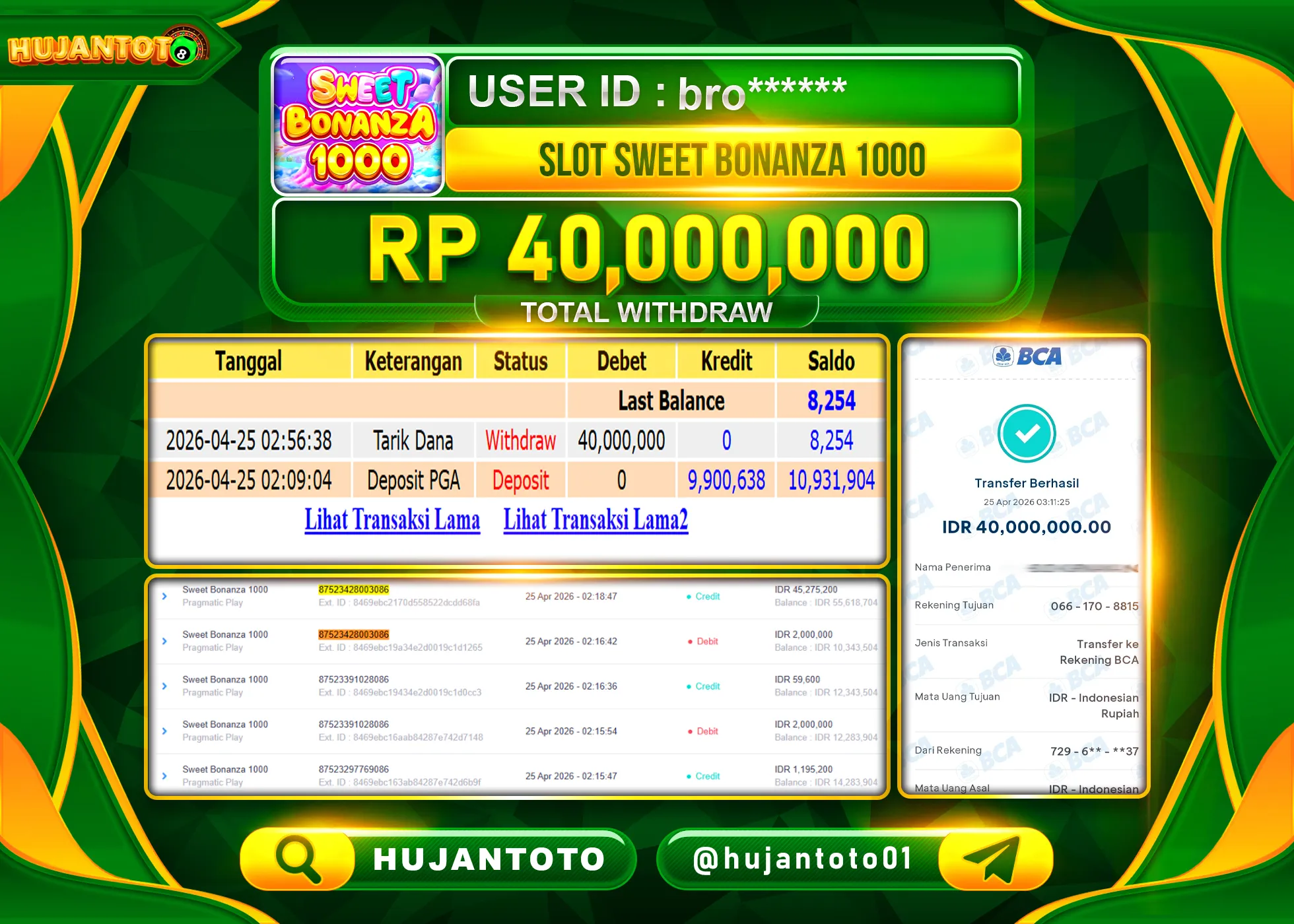 HUJANTOTO - BUKTI JACKPOT MENANG SLOT SWEET BONANZA 1000 Rp.40,000,000 - TERBAYAR LUNAS