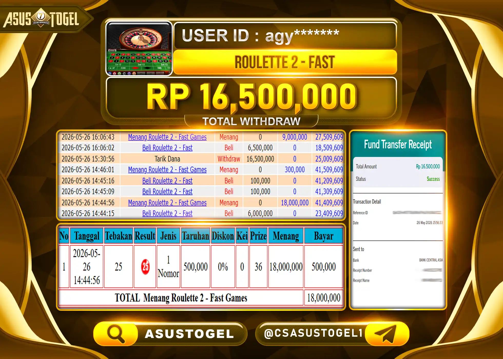 ASUSTOGEL KEMENANGAN JACKPOT LIVEGAMES ROULETTE 2 FAST   Rp.16,500,000 - RUPIAH LUNAS