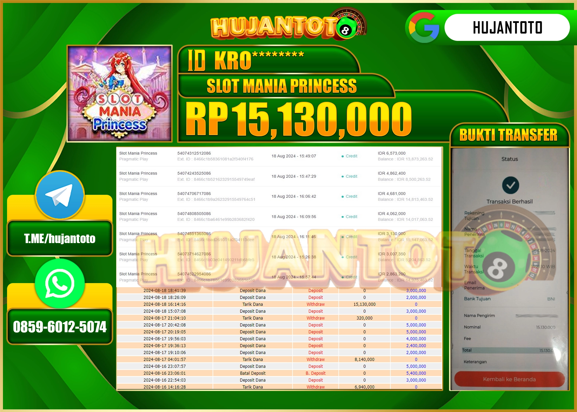 HUJANTOTO MENANG BESAR DI PERMAINAN SLOT MANIA PRINCESS , 15.300.000 - LUNAS 