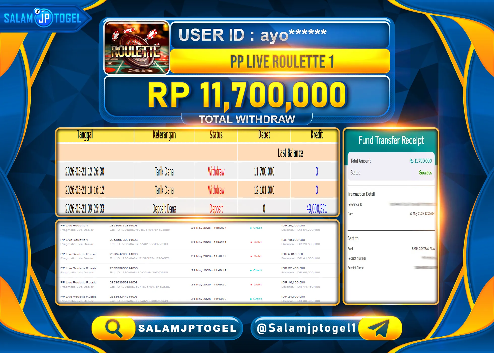 SALAMJPTOGEL Live JACKPOT Menang PP Live Roulette 1 Rp.11,700,000 - LUNAS