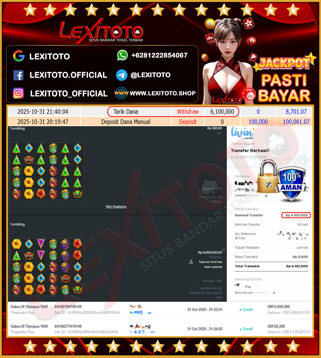 LEXITOTO JACKPOT SLOT GATES OF OLYMPUS 1000 Rp.6.100.000,- LUNAS