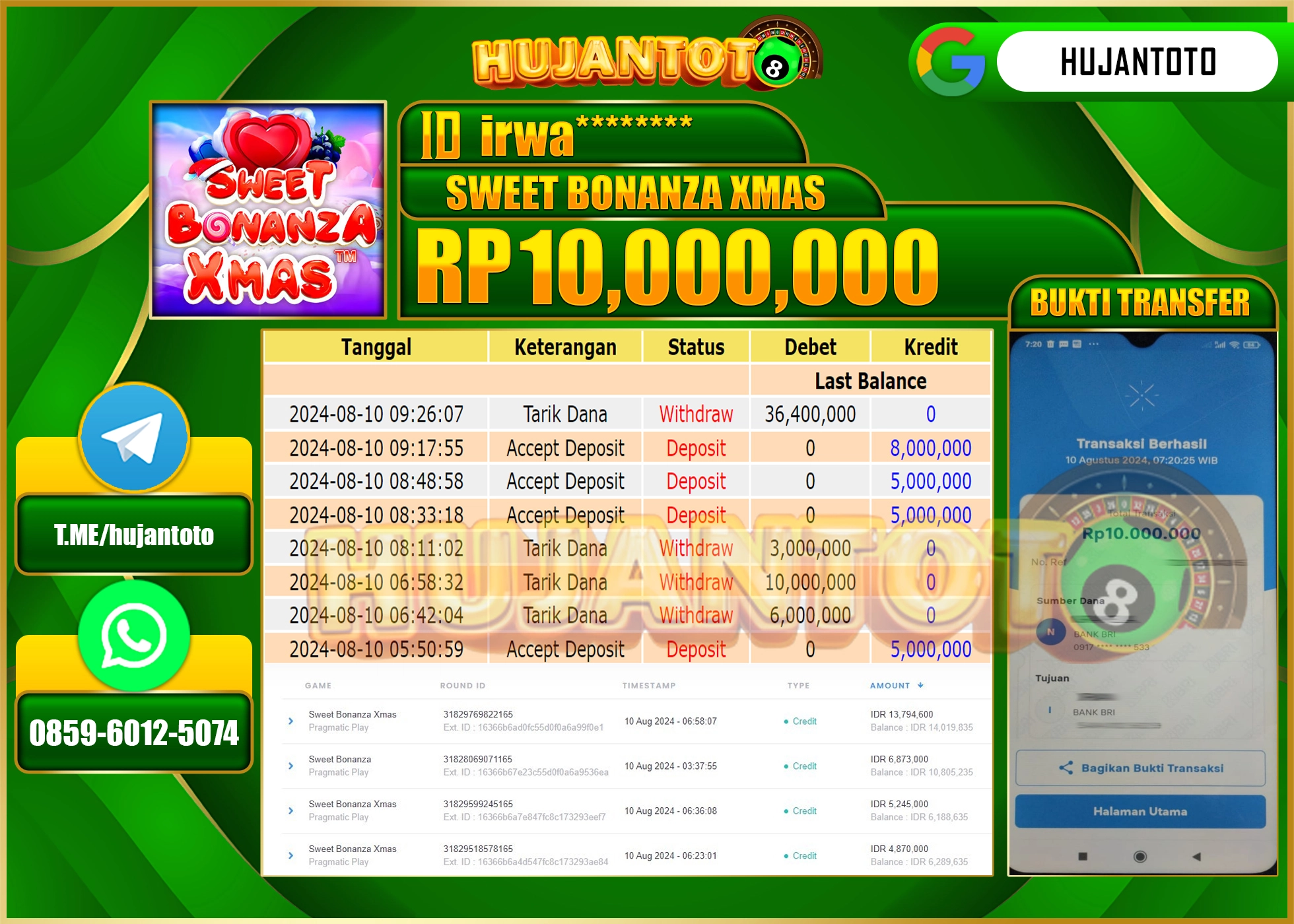 HUJANTOTO MENANG BESAR DI PERMAINAN SLOT SWEET BONANZA XMAZ 10.00.000 - LUNAS 