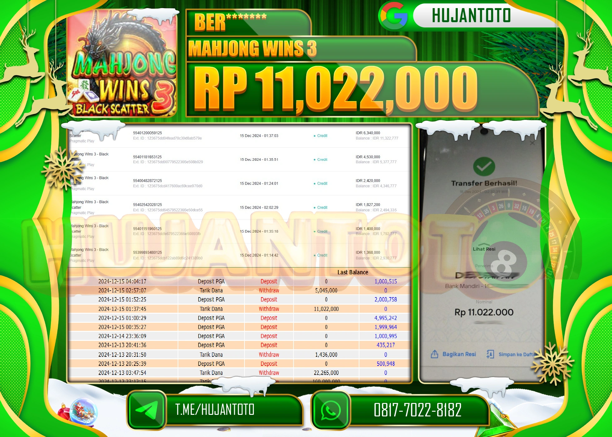 HUJANTOTO ATAS KEMENANGAN BESAR YANG DI RAIH DI PERMAINA MAHJONG WINS 3 SEBESAR - 11,022,000 - TERBAYAR LUNAS