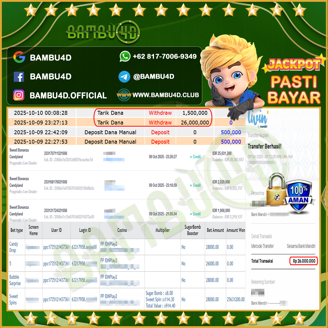 BAMBU4D JACKPOT LIVEGAME PRAGMATICLIVE SWEET BONANZA CANDYLAND Rp.25.631.200,- LUNAS