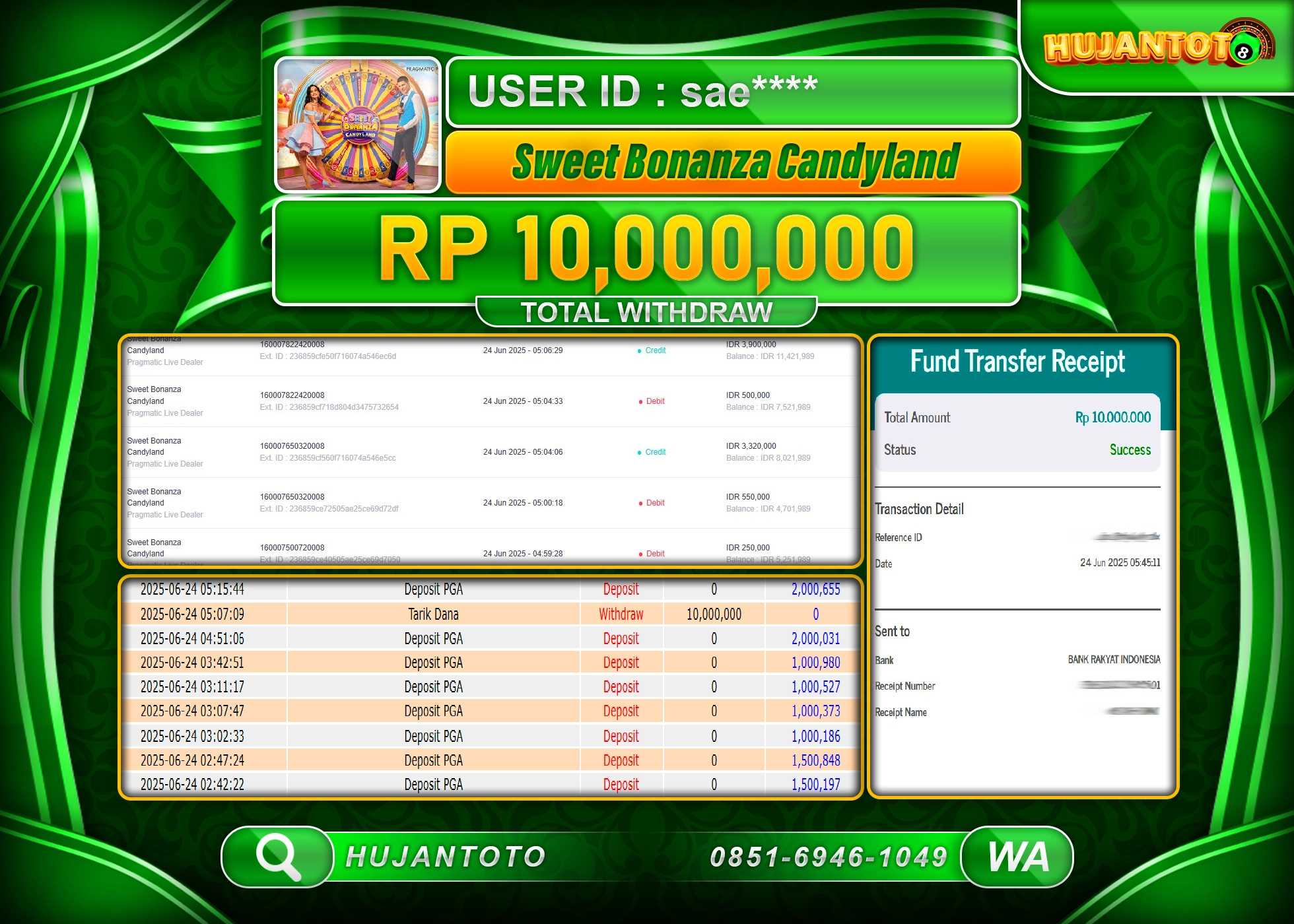 HUJANTOTO - BUKTI JACKPOT MENANG SLOT SWEET BONANZA CANDYLAND Rp.10,000,000 - TERBAYAR LUNAS