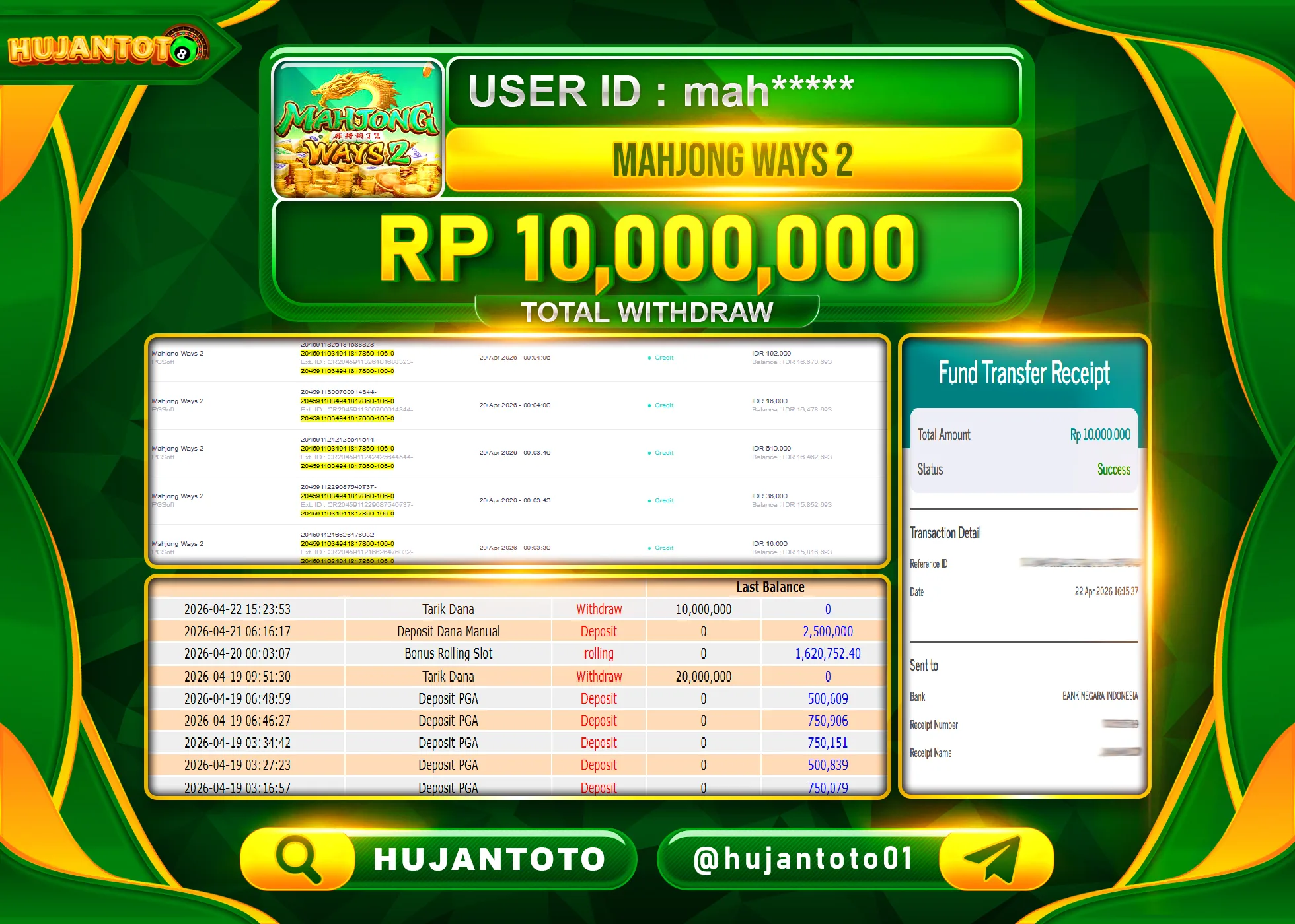 HUJANTOTO - BUKTI JACKPOT MENANG SLOT MAHJONG WAYS 2 Rp.10,000,000 - TERBAYAR LUNAS