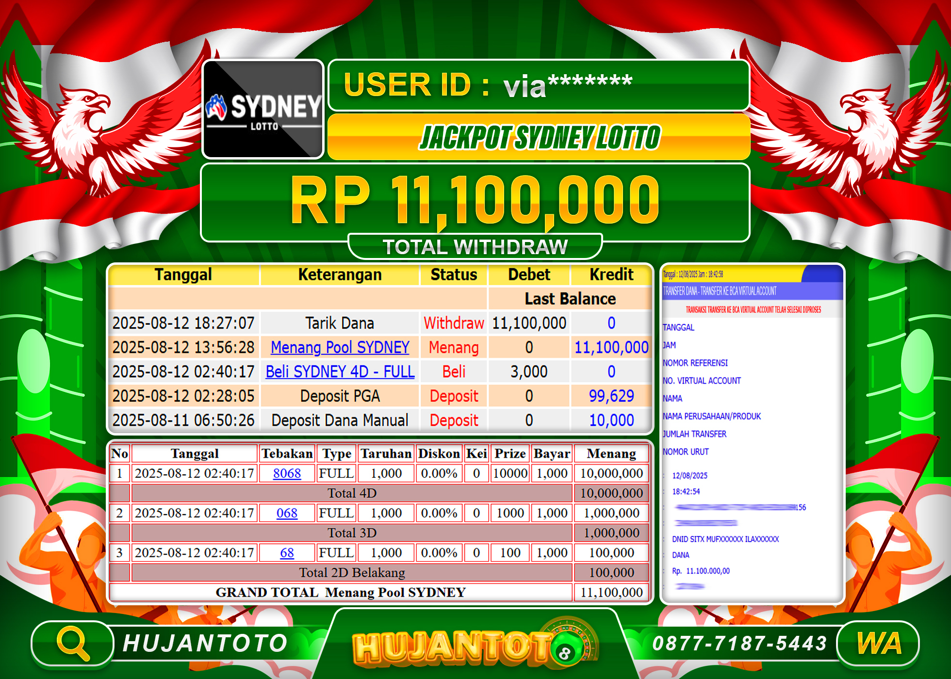 HUJANTOTO - BUKTI JACKPOT MENANG TOGEL SYDNEY LOTTO SEBESAR Rp.11,100,000 - TERBAYAR LUNAS