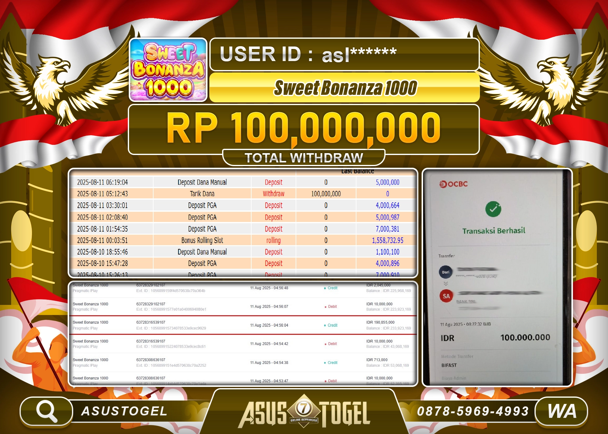 ASUSTOGEL KEMENANGAN DI SLOT SWEET BONANZA 1000 SEBESAR 100,000,000- RUPIAH LUNAS