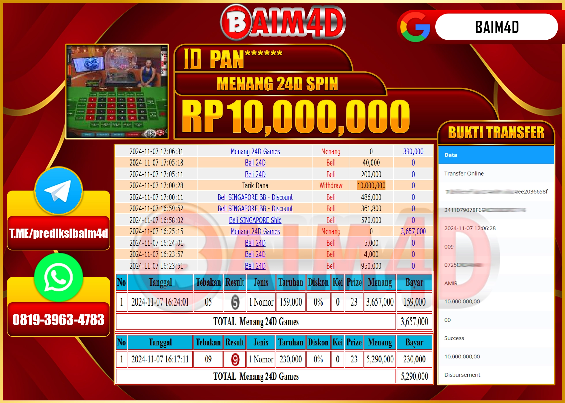 BAIM4D JACKPOT MENANG 24D SPIN GAMES Rp.10.000,000.- LUNAS
