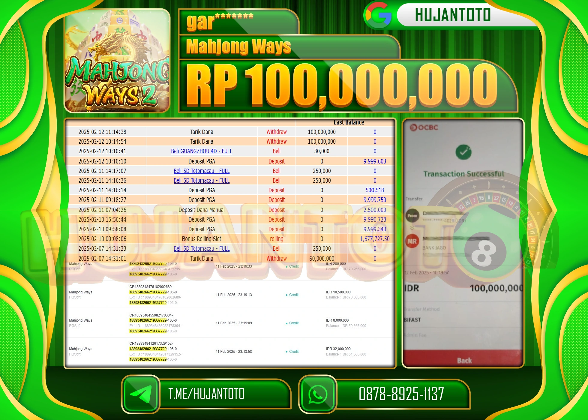 HUJANTOTO - BUKTI JACKPOT MENANG SLOT MAHJONG WAYS Rp,100,000,000  - TERBAYAR LUNAS