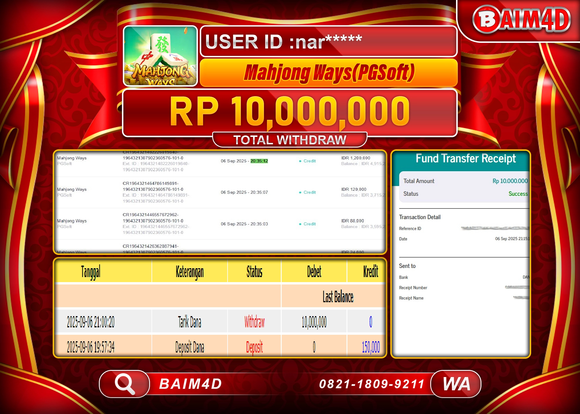 BAIM4D JACKPOT SLOT MAHJONG WAYS - PG SOFT Rp.10,000,000.- LUNAS
