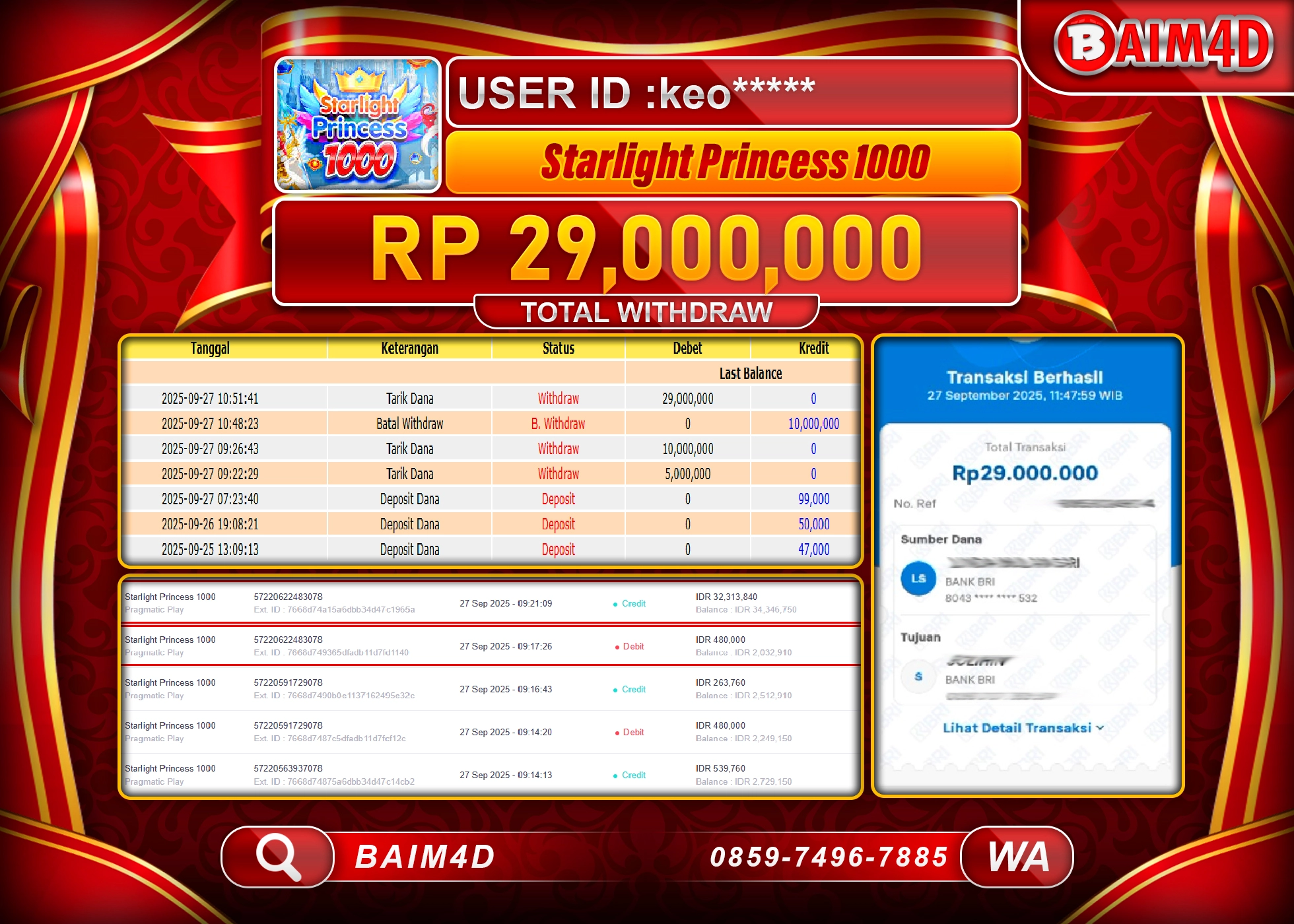 BAIM4D JACKPOT SLOT STARLIGHT PRINCESS 1000 Rp.29,000,000.- LUNAS