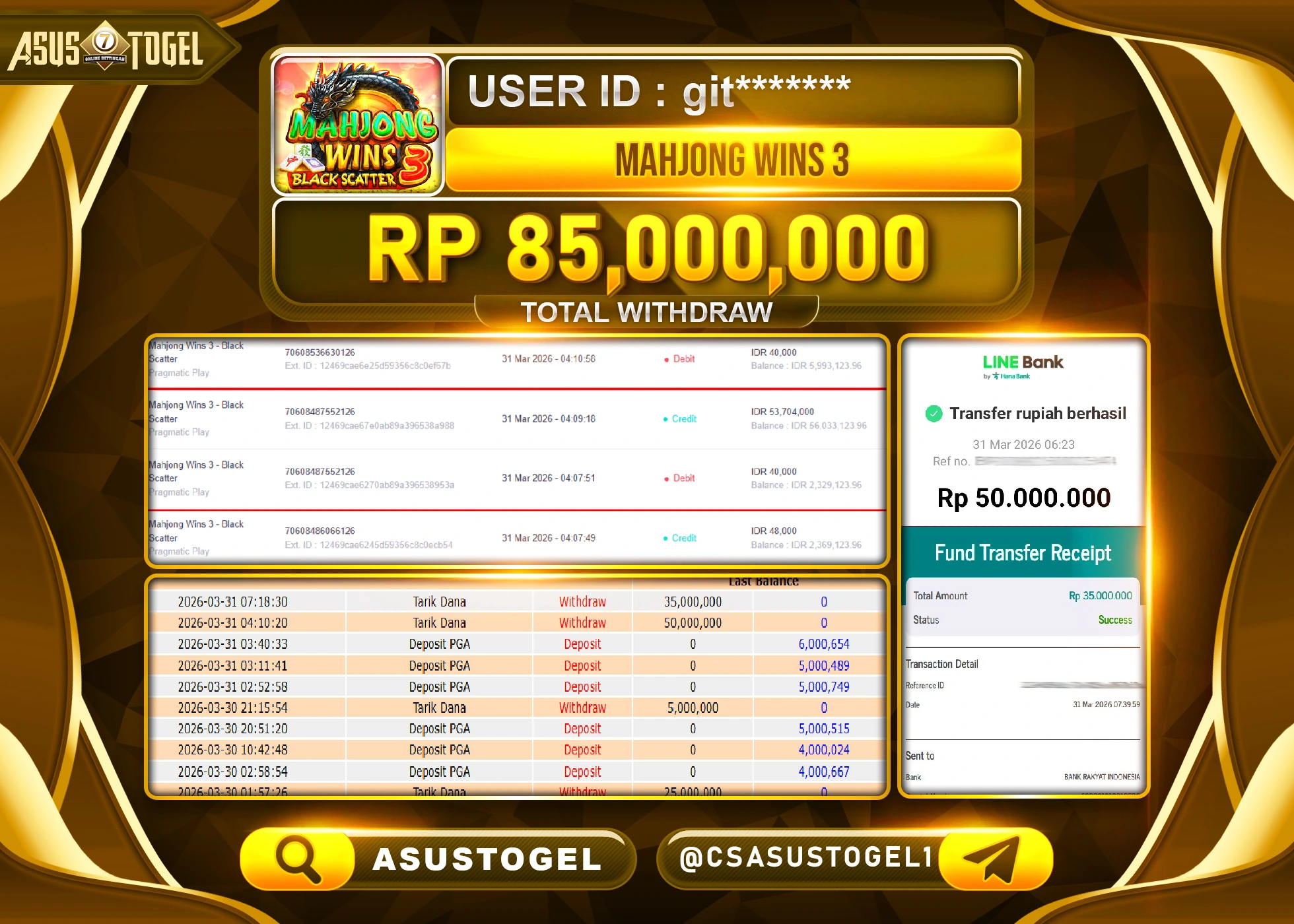 ASUSTOGEL KEMENANGAN JACKPOT DI PERMAINAN SLOT MAHJONG WINS 2 SEBESAR Rp.85,000,000 - RUPIAH LUNAS