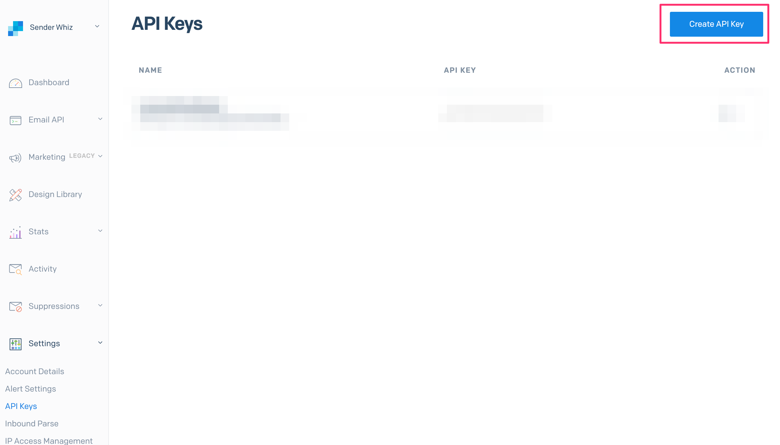 SendGridのCreate API Keyボタン