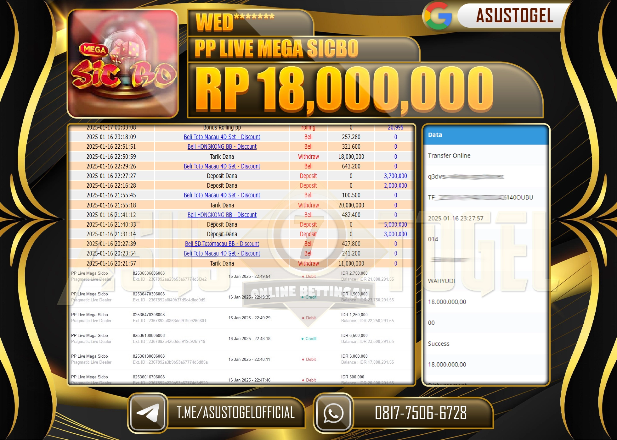 ASUSTOGEL KEMENANGAN DI PP LIVE MEGA SICBO SEBESAR 18.000.000 - RUPIAH LUNAS