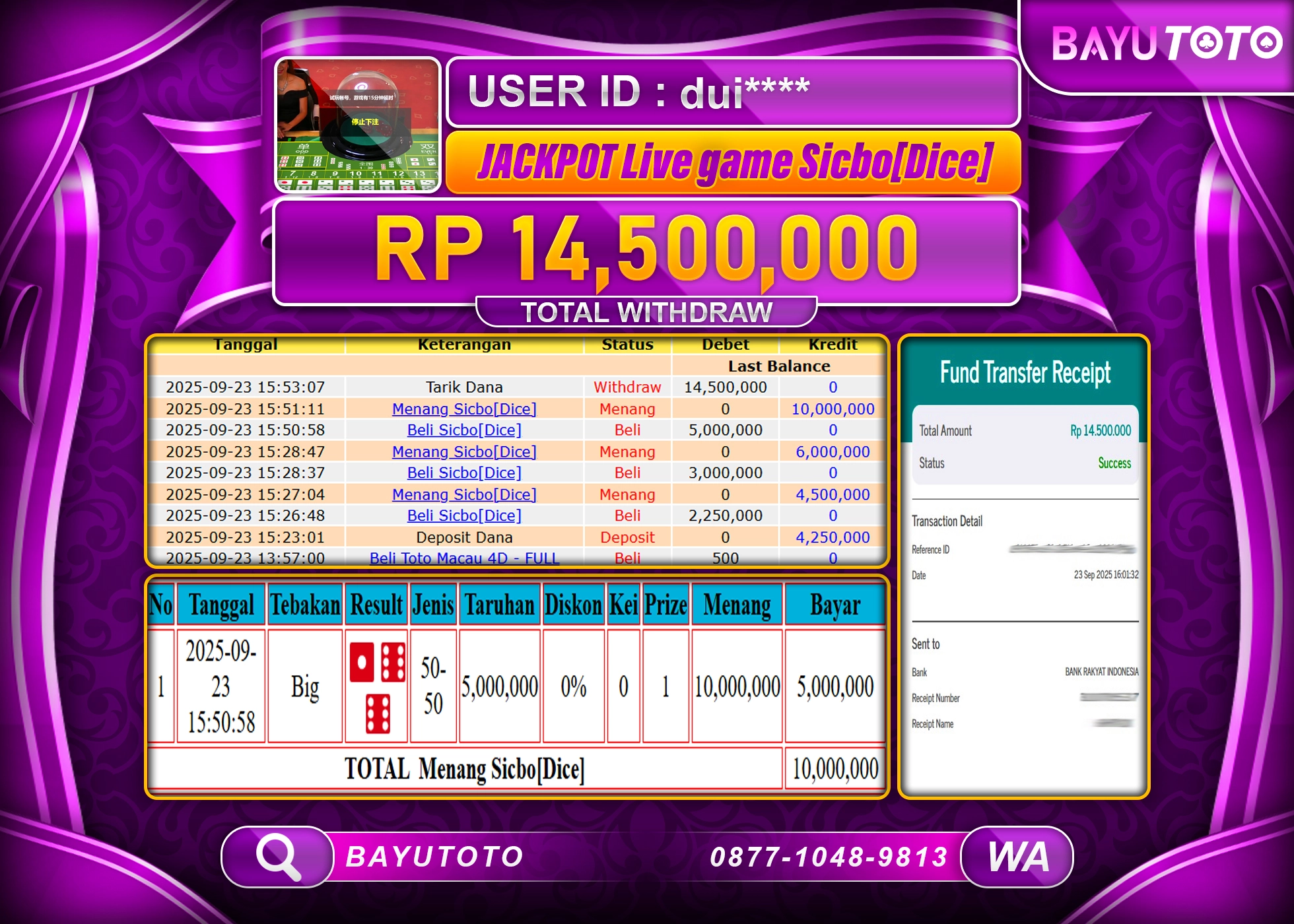 BAYUTOTO JACKPOT DI GAME  LIVEGAMES PP LIVE GAME SICBO DICE  Rp.14,500,000 LUNAS