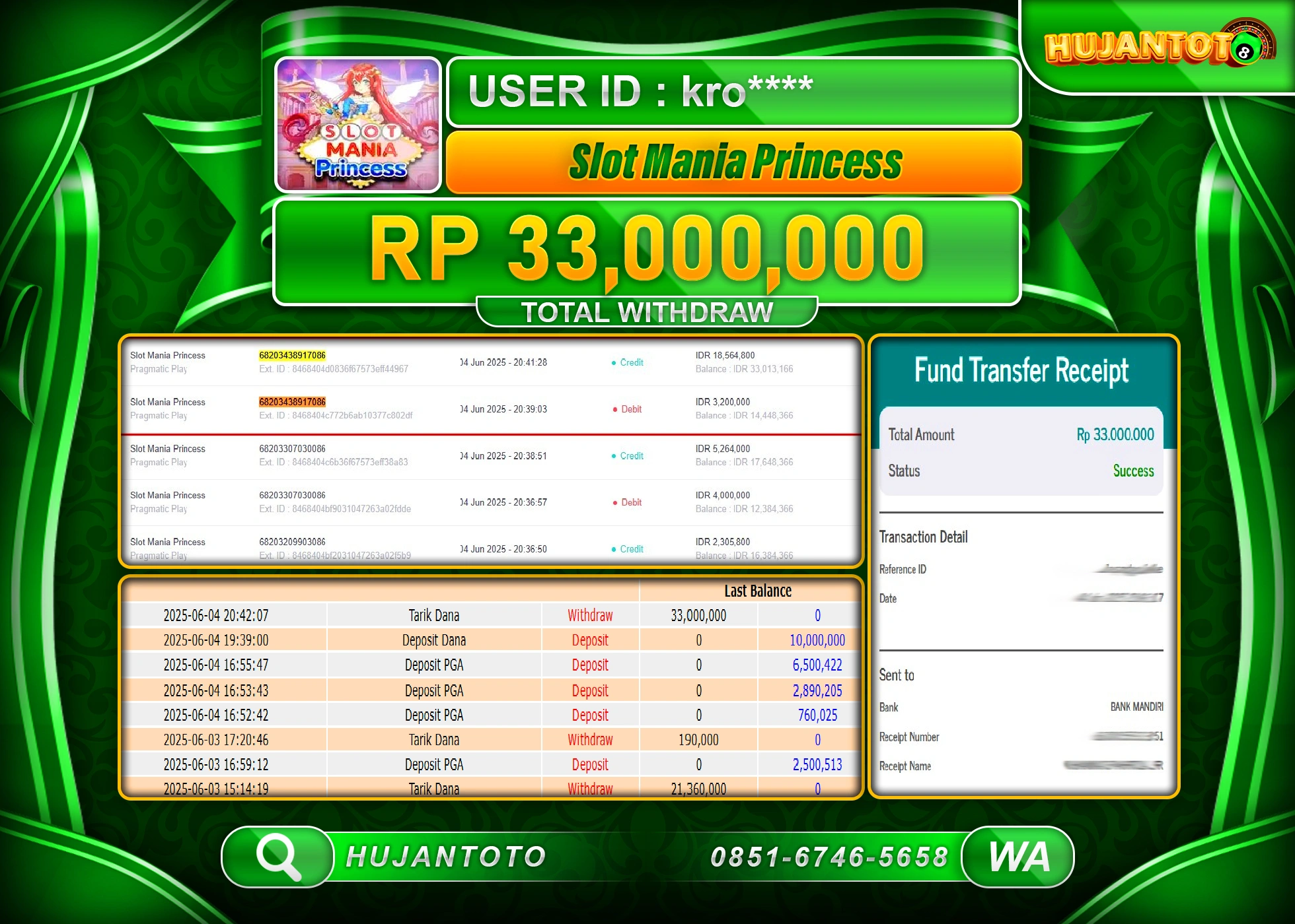 HUJANTOTO - BUKTI JACKPOT MENANG SLOT MANIA PRINCESS Rp.33,000,000 - TERBAYAR LUNAS