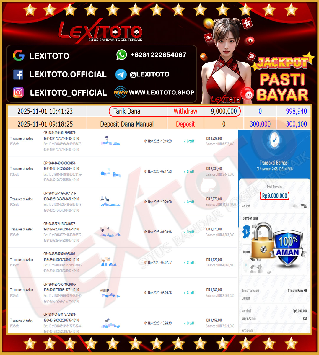 LEXITOTO JACKPOT SLOT TREASURES OF AZTEC Rp.9.000.000,- LUNAS