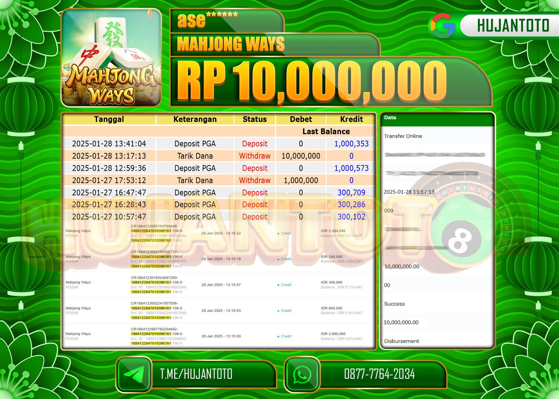 HUJANTOTO - BUKTI JACKPOT MENANG SLOT MAHJONG WAYS PG SOFT, Rp,10,000,000 - TERBAYAR LUNAS