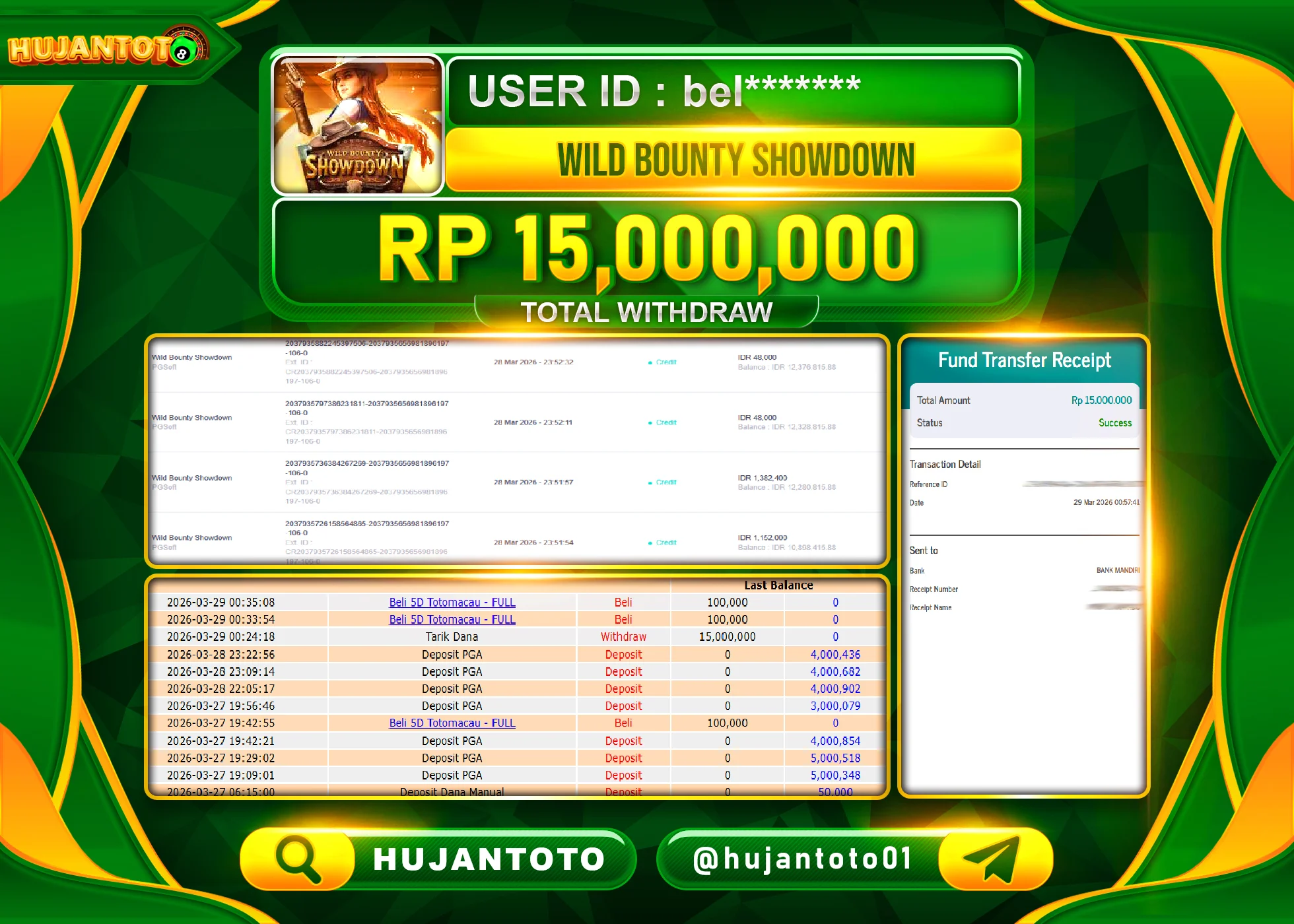 HUJANTOTO - BUKTI JACKPOT MENANG SLOT WILD BOUNTY SHOWDOWN Rp.15,000,000 - TERBAYAR LUNAS