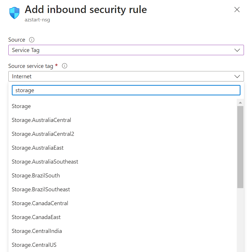 Add inbound security rule (Service Tag)