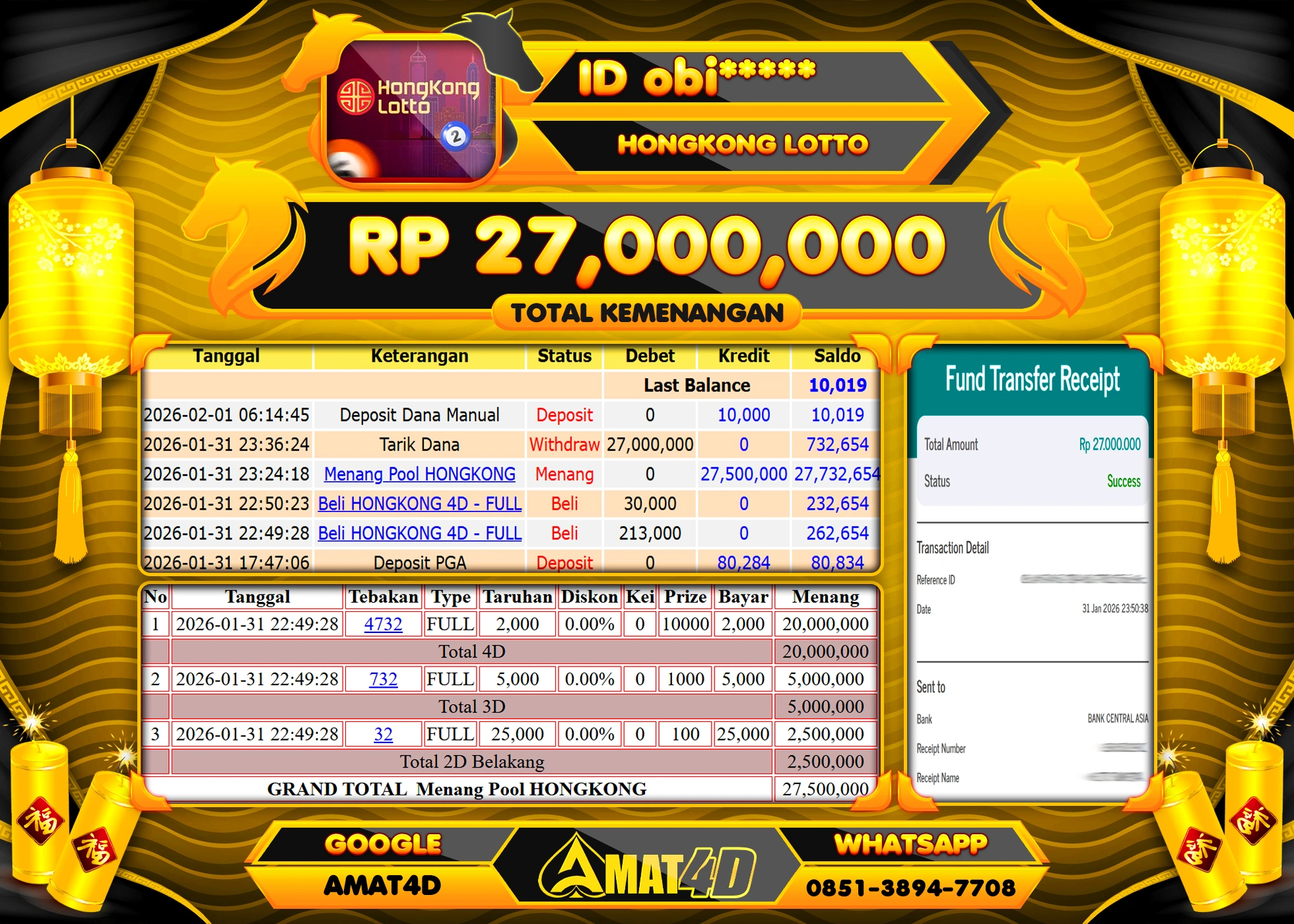AMAT4D KEMENANGAN DI PASARAN HONGKONG LOTTO  Rp.27,000,000 BERHASIL TERBAYAR LUNAS