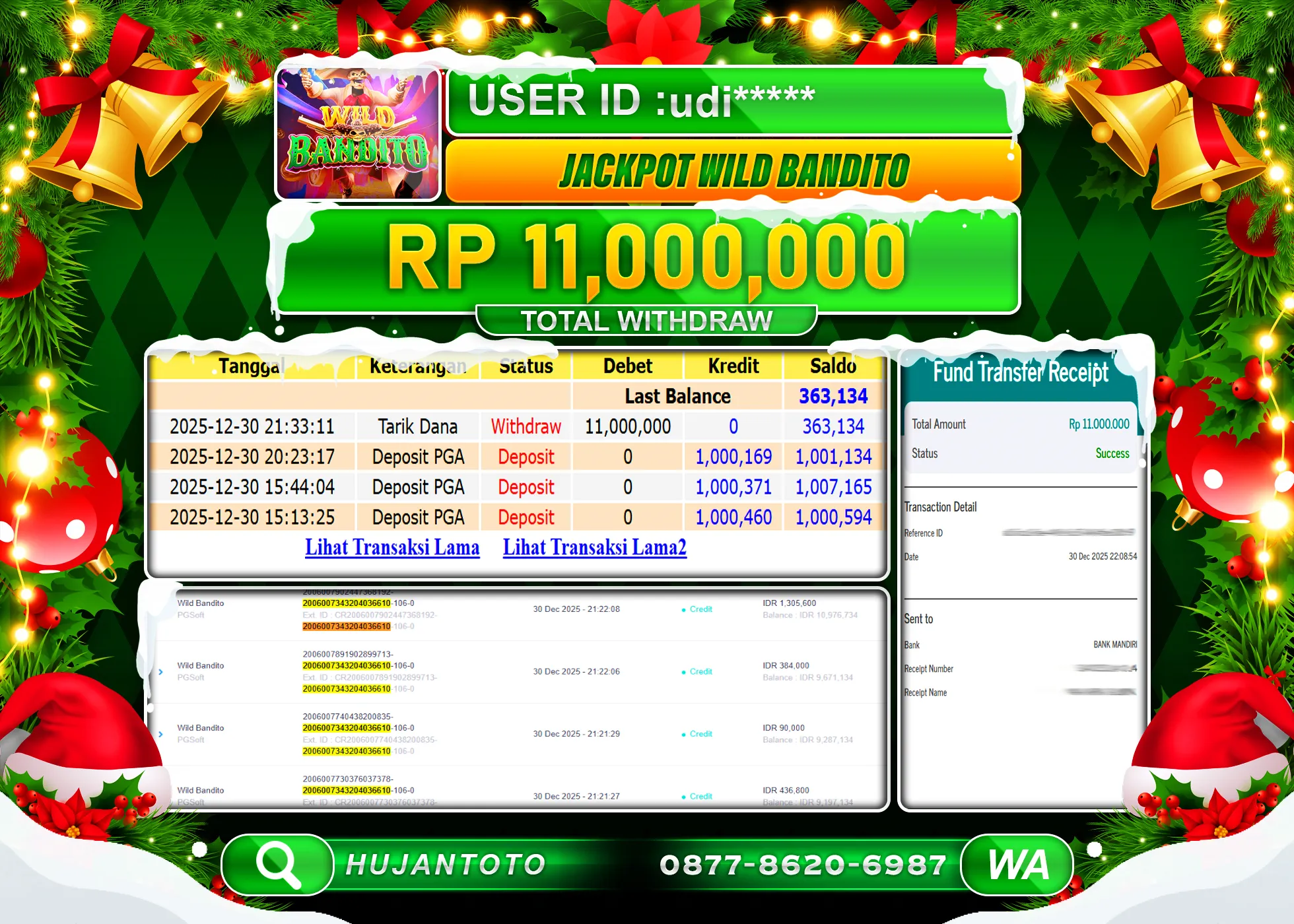 HUJANTOTO - BUKTI JACKPOT MENANG SLOT WILD BANDITO  PG SOFT Rp.11,000,000 - TERBAYAR LUNAS
