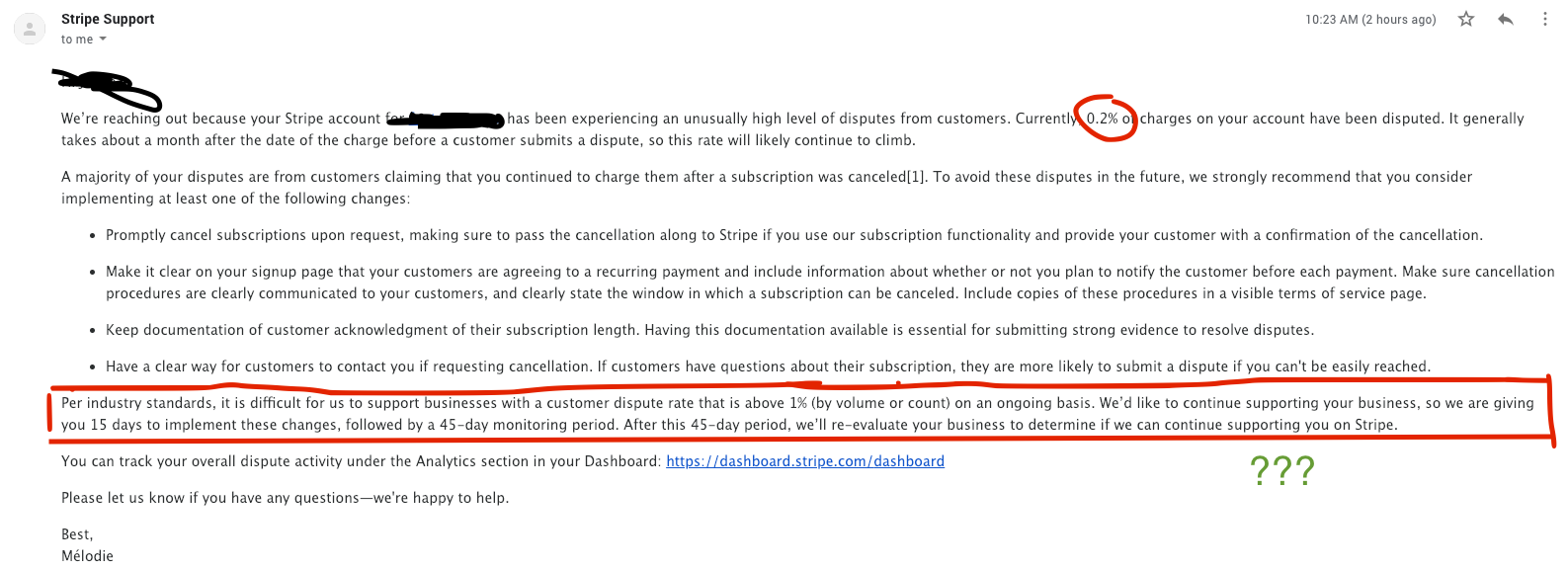 Got a weird email from Stripe saying our account is being monitored