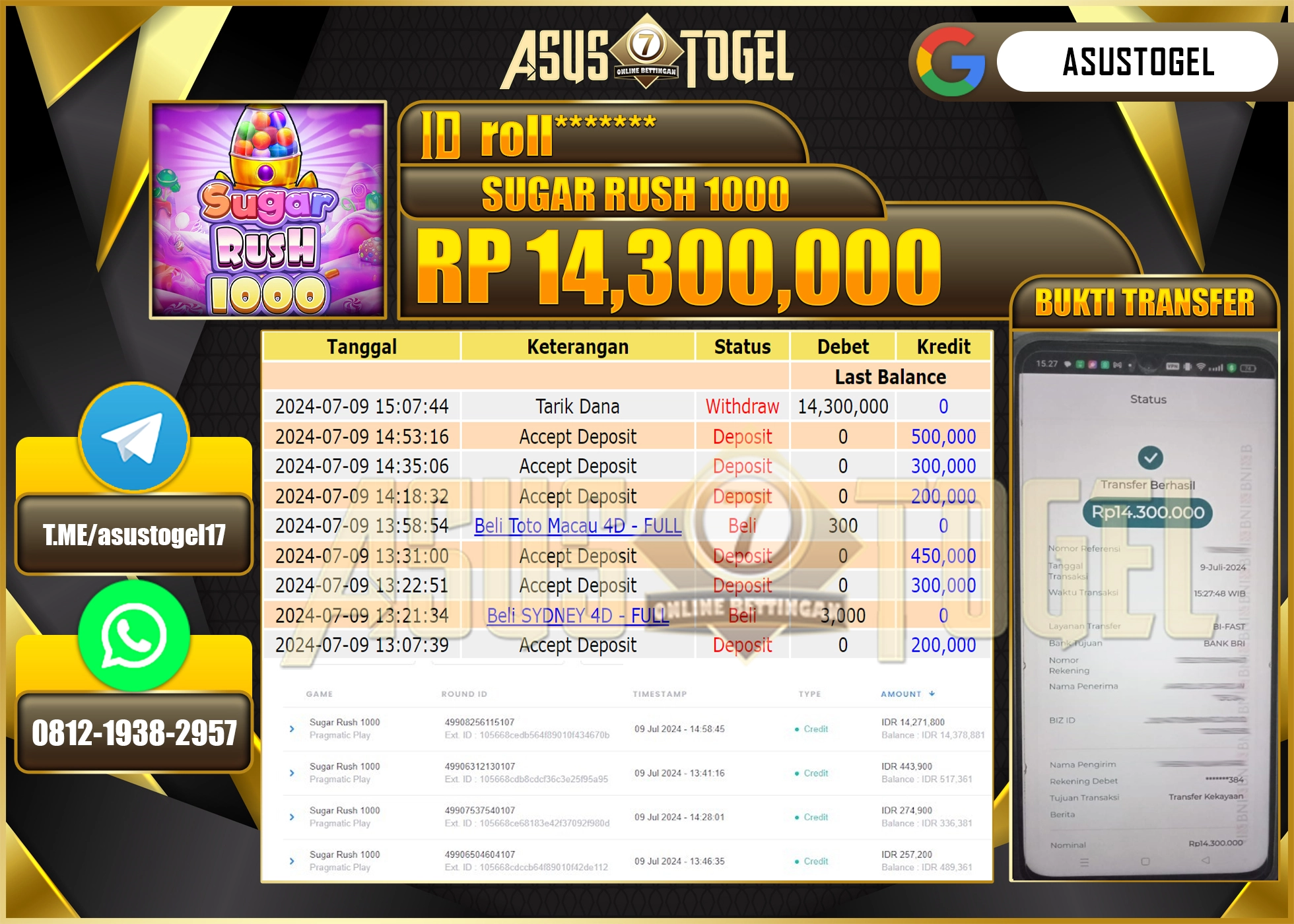 ASUSTOGEL KEMENANGAN DI SUGAR RUSH 1000  SEBESAR 14,300,000-LUNAS