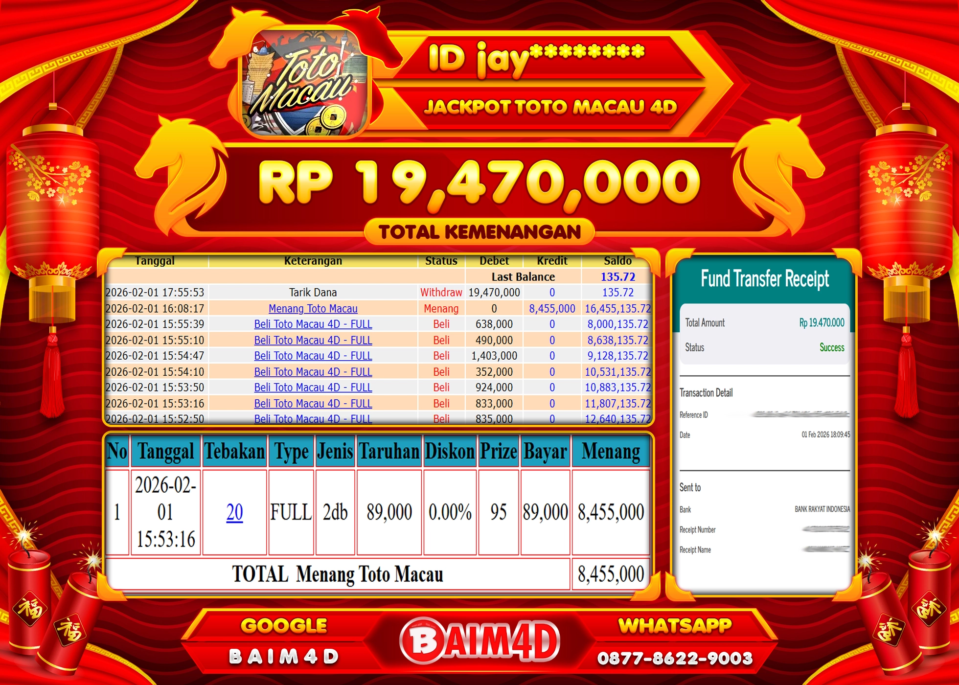 BAIM4D JACKPOT  TOGEL TOTO MACAU 4D  Rp.19,470,000 - LUNAS