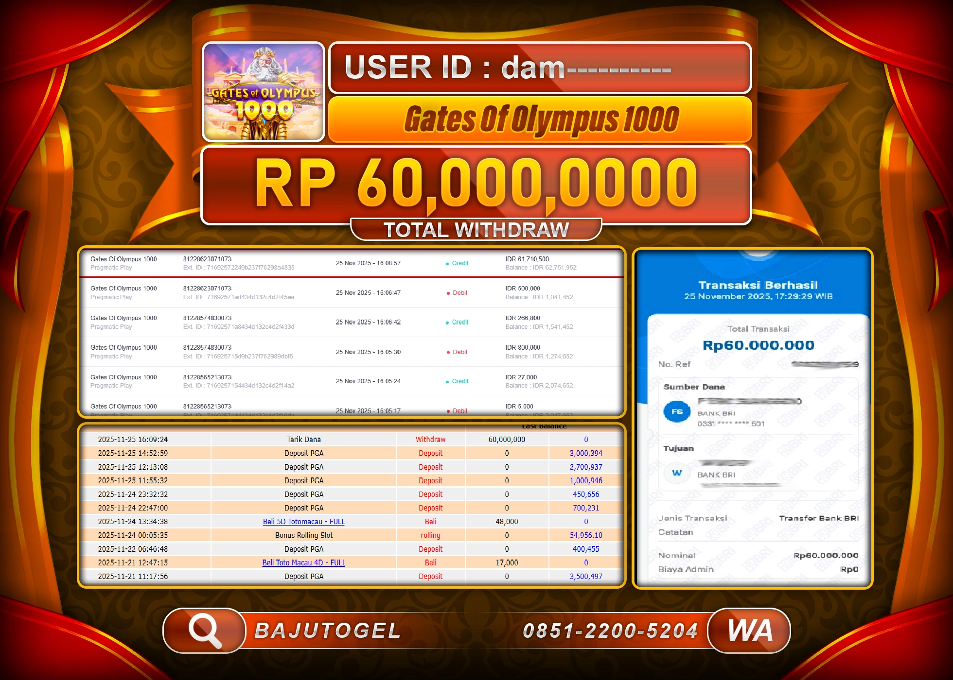 BAJUTOGEL KEMENANGAN GATES OF OLYMPUS 1000  Rp.60,000,000 LUNAS