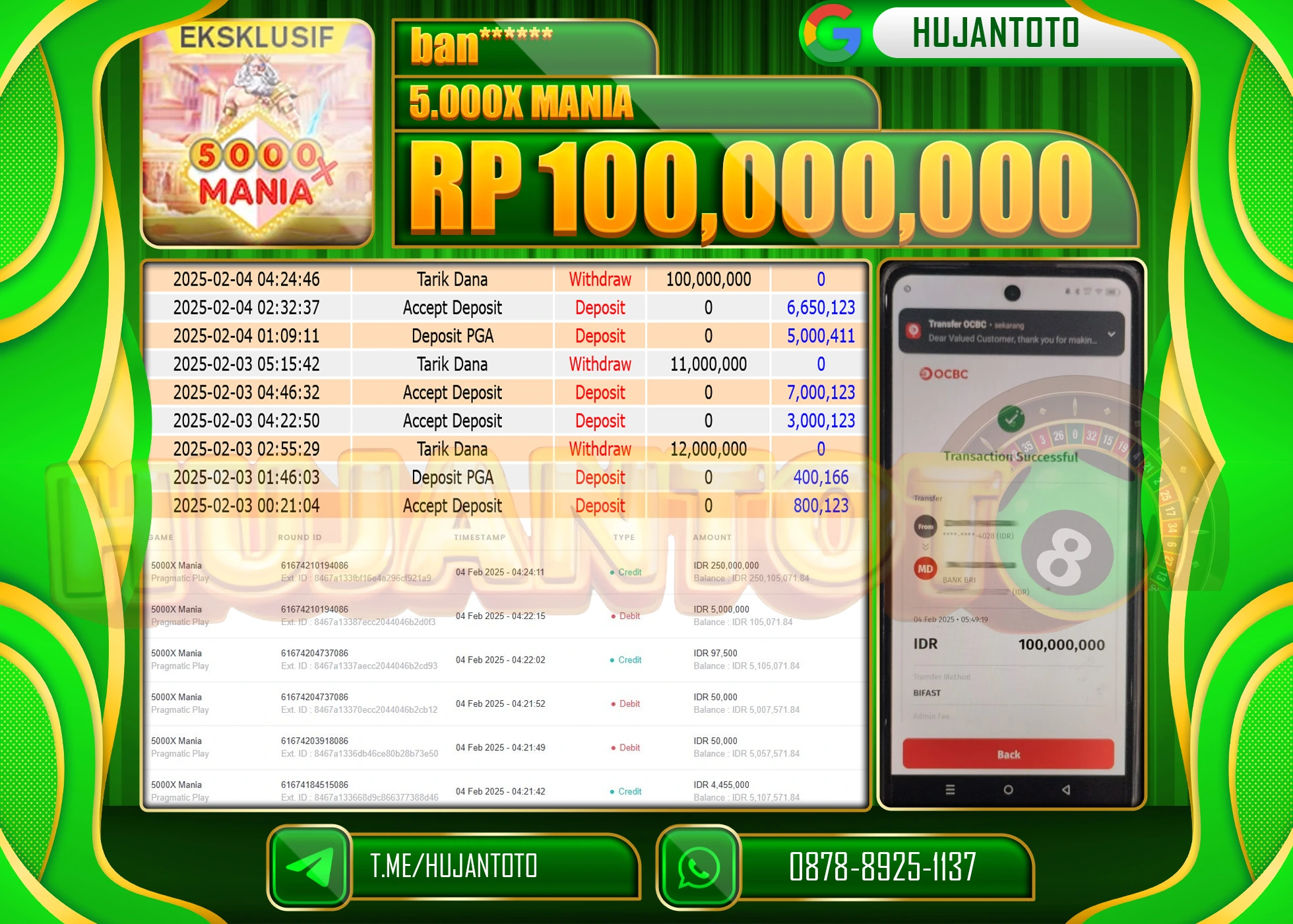HUJANTOTO - BUKTI JACKPOT MENANG SLOT 5.000X MANIA Rp,100,000,000 - TERBAYAR LUNAS