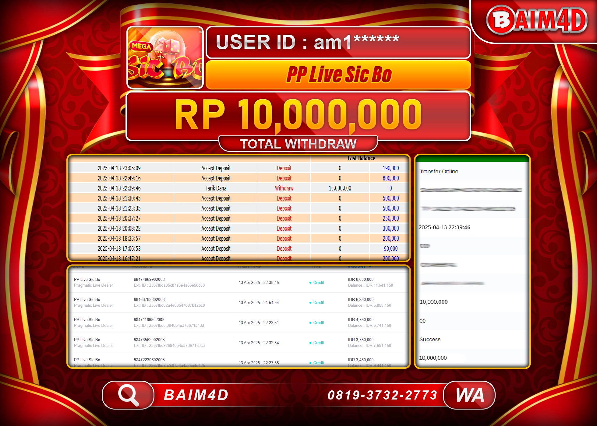 BAIM4D JACKPOT PP Live Sic Bo Rp.10.000,000.- LUNAS
