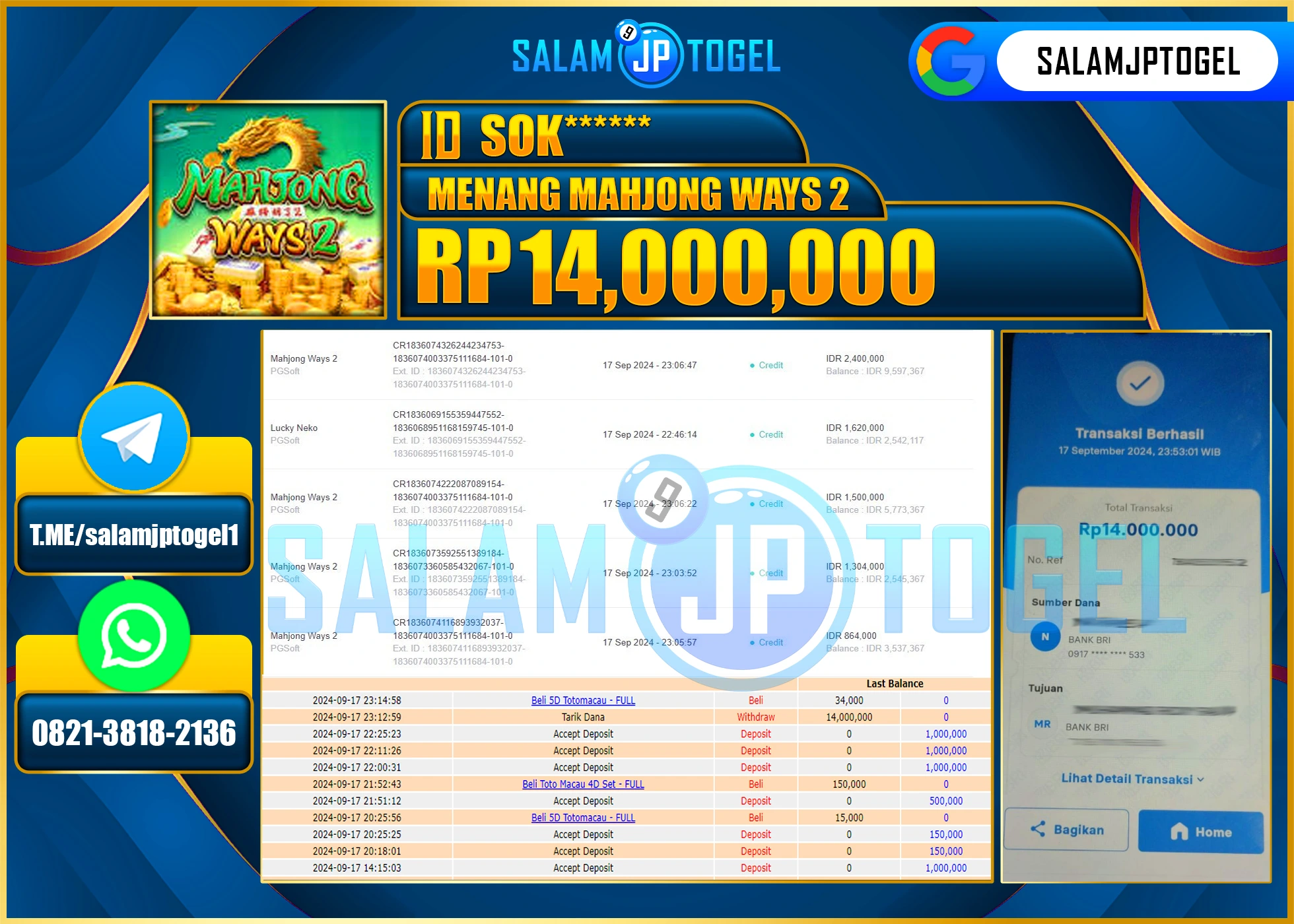 SALAMJPTOGEL MENANG MAHJONG WAYS 2 RP. 14,000,000 LUNAS
